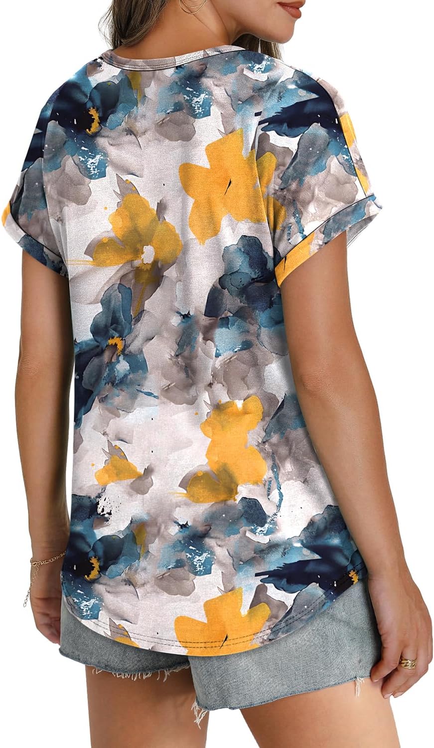 Womens T Shirts Crew Neck Rolled Short Sleeve Basic Summer Tees Curved Hem