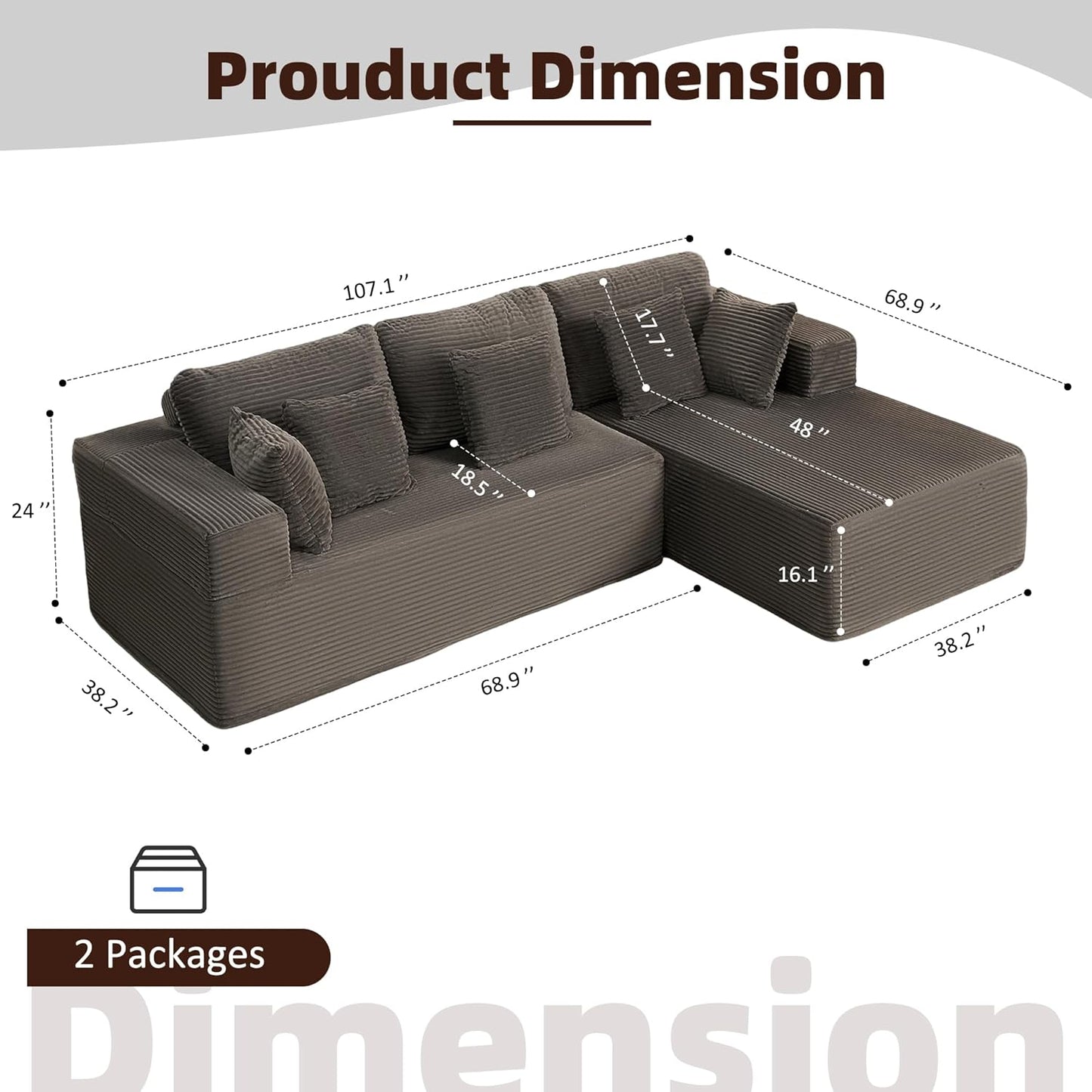 107" Boneless Couch with Deep Seat Cloud Sectional Couch for Living Room