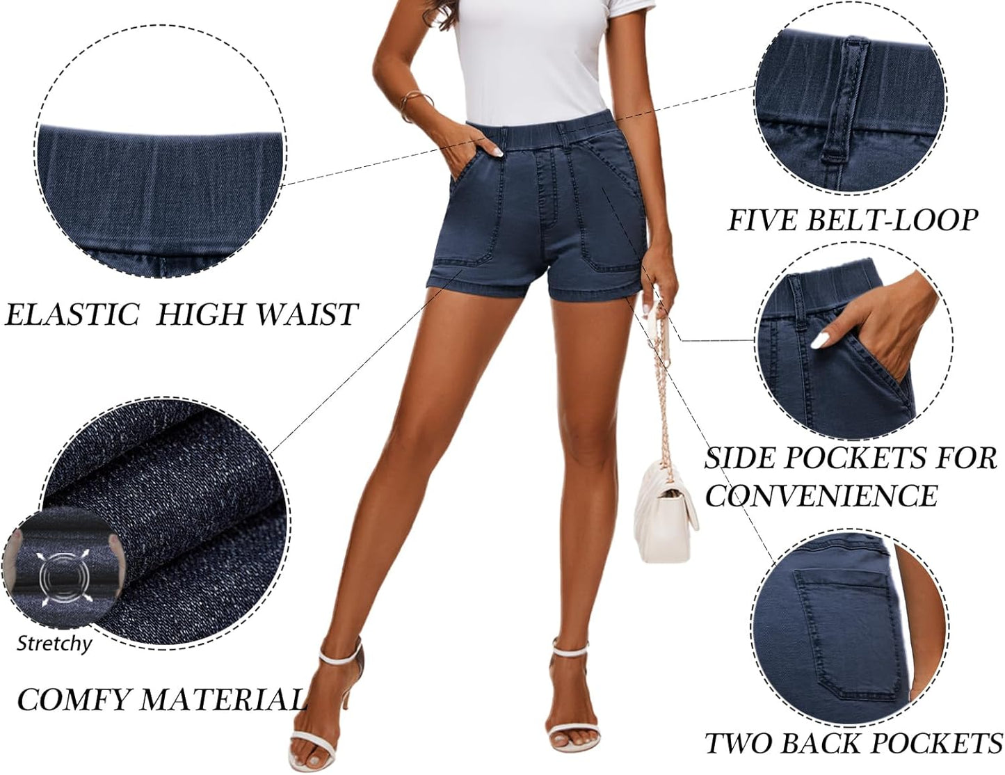 Womens Jean Shorts High Waisted Summer Cotton Elastic Waist Denim Shorts with Pockets