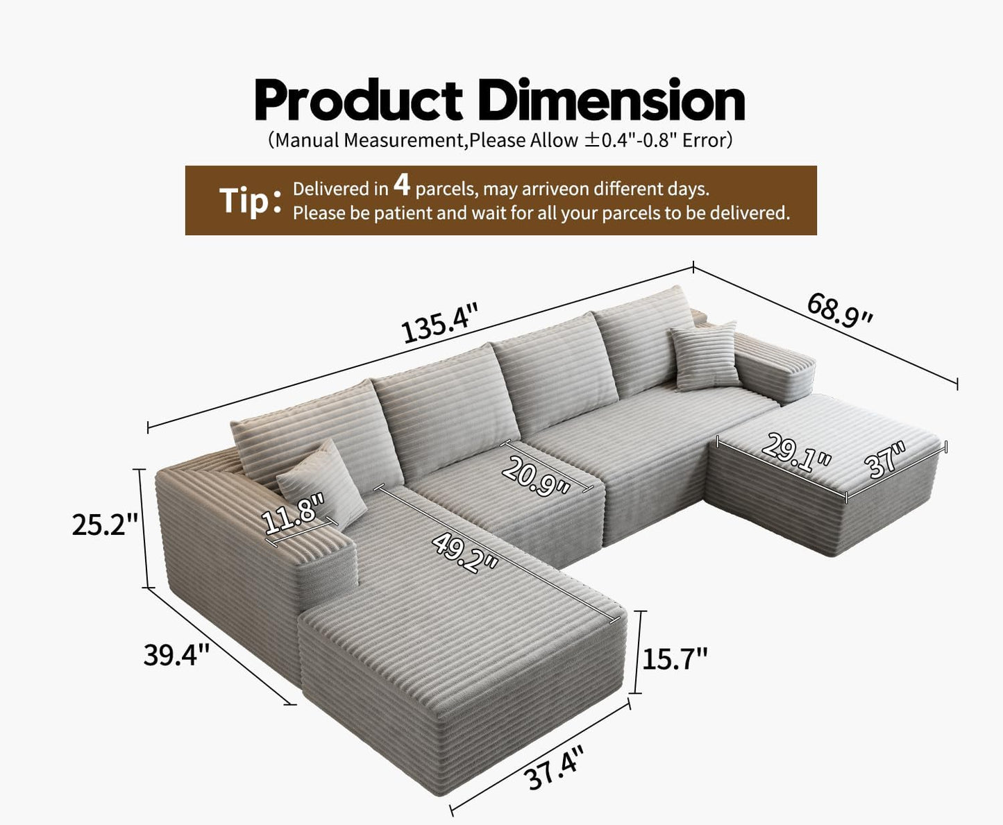 107.5" Cloud Modular Sectional Sofa with 1 Ottoman