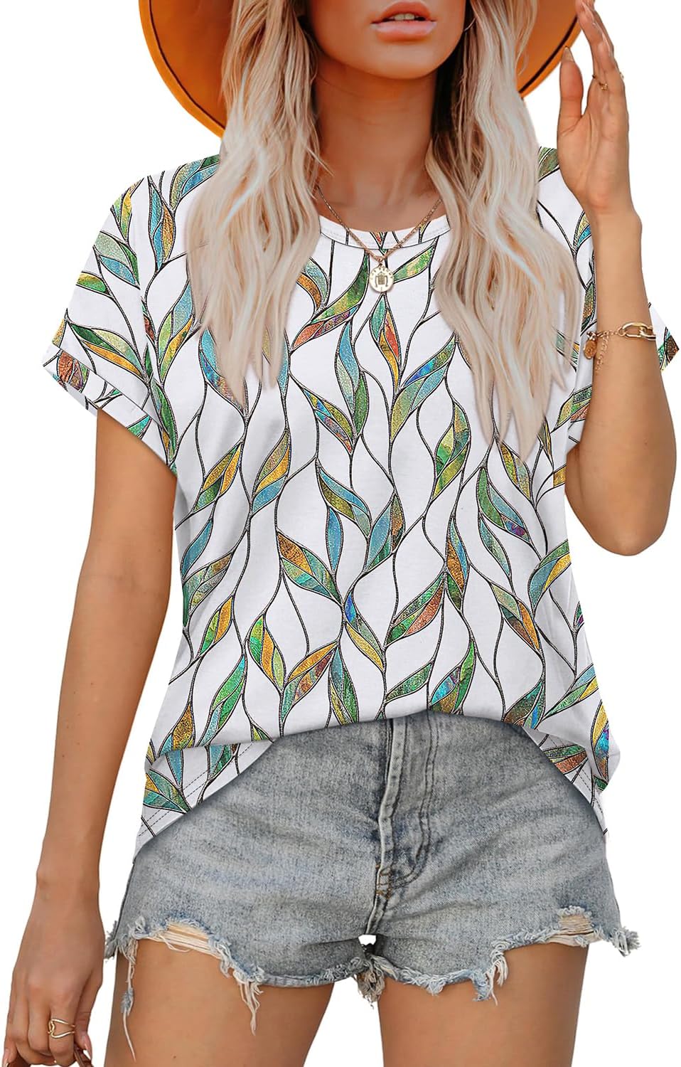 Womens T Shirts Crew Neck Rolled Short Sleeve Basic Summer Tees Curved Hem