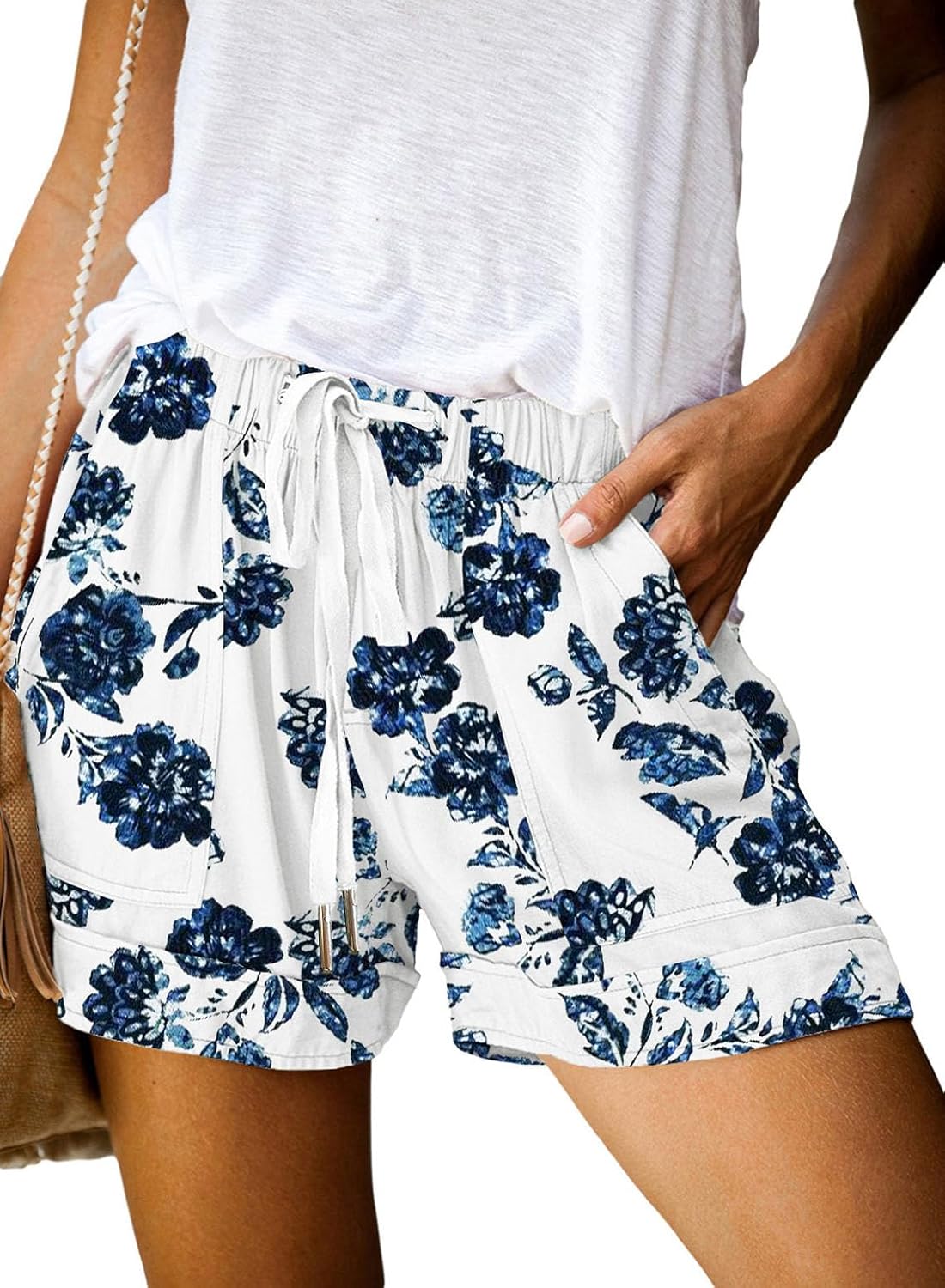 Womens Shorts Cotton Elastic Waist Drawstring Casual Shorts with Pockets