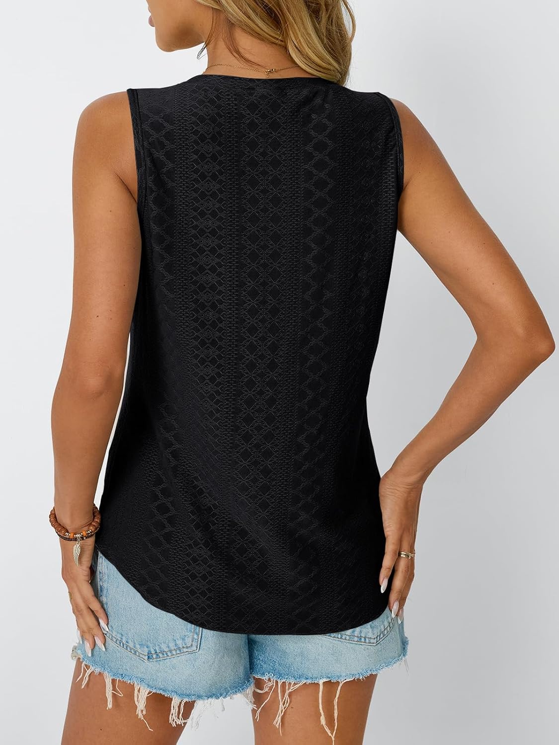 Womens Summer Tank Top Eyelet Embroidery V Neck Sleeveless Loose Fit Casual Shirt