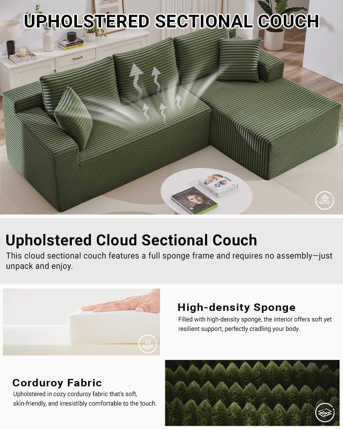 105 Inch Cloud Sectional Couch with Deep Seat