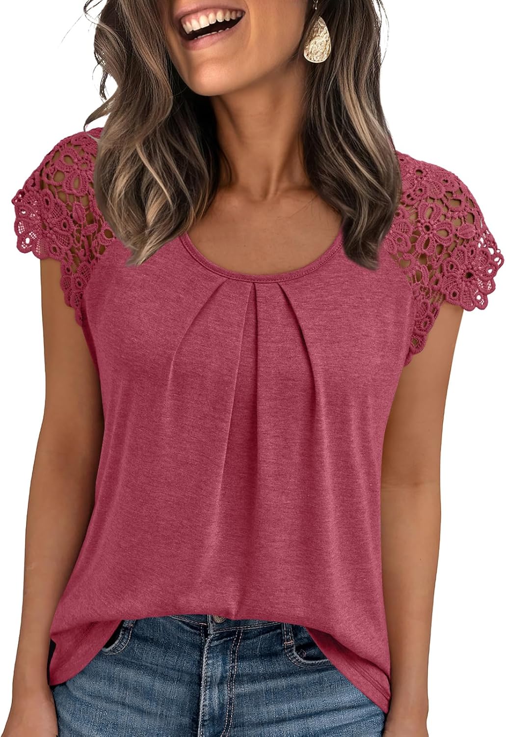 Womens Lace Tops Pleated Short Sleeve Shirts Summer