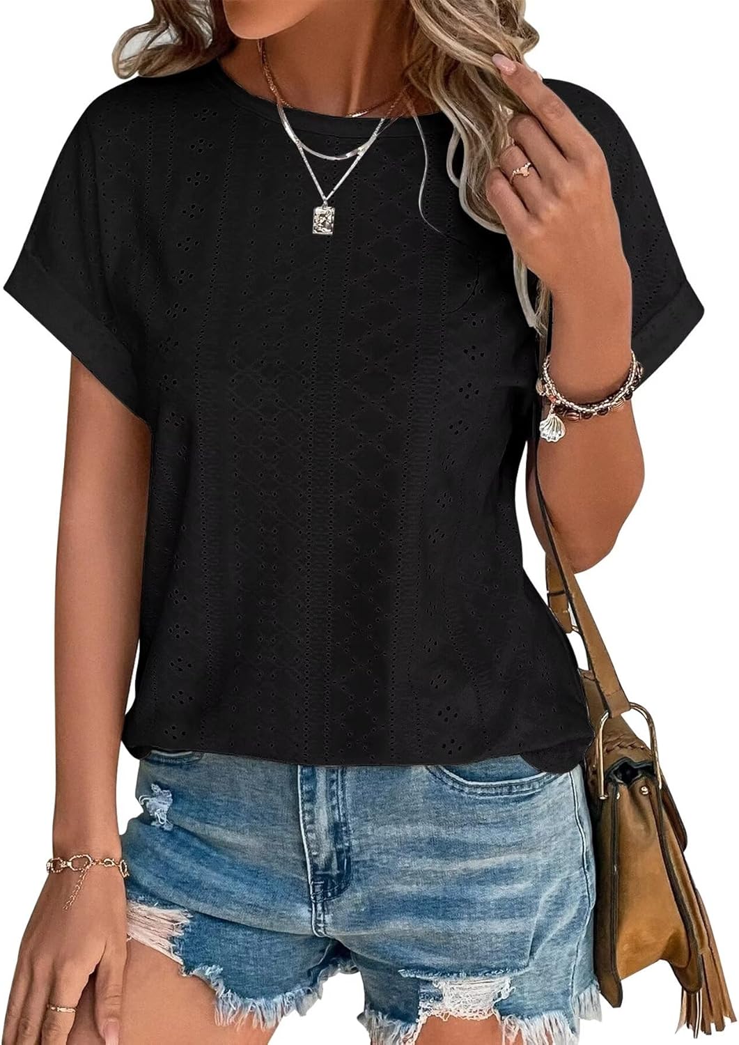 Womens Tops Eyelet Embroidery Summer Spring Curved Hem Short Sleeve Trendy T Shirts