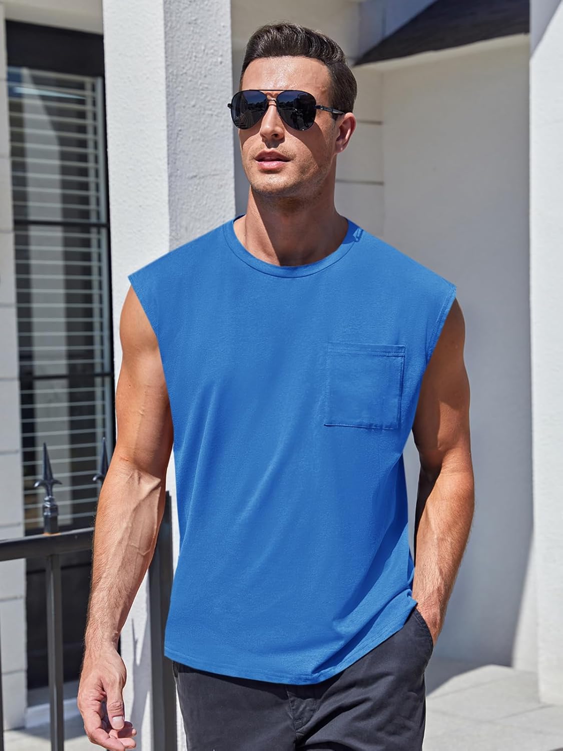 Mens Sleeveless Tank Tops Workout Cut Off Shirts Muscle Gym T Shirts with Pocket