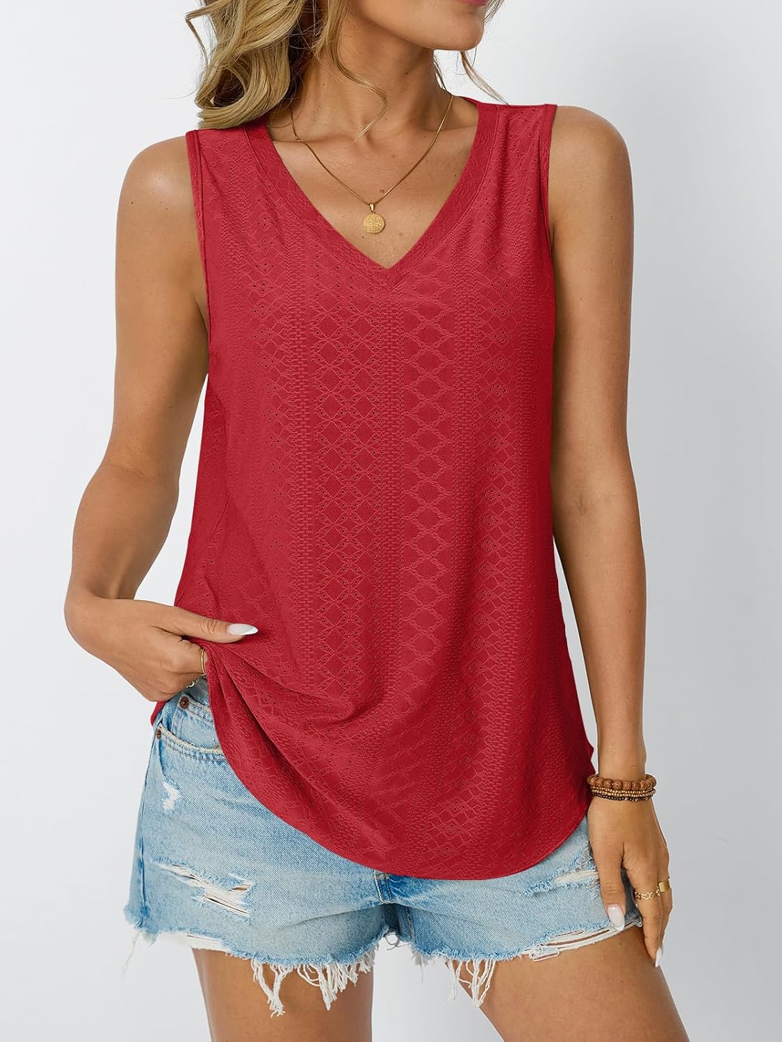 Womens Summer Tank Top Eyelet Embroidery V Neck Sleeveless Loose Fit Casual Shirt