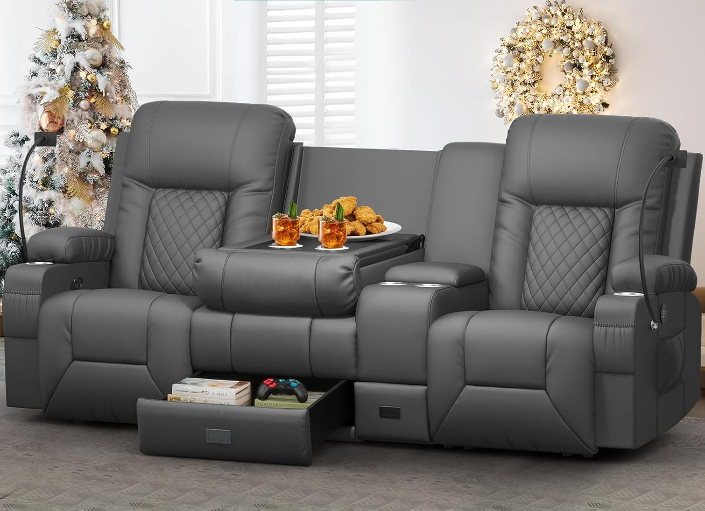 YONISEE 3 Seat Recliner Sofa, Large Reclining Sofa with Storage Console, Manual Reclining Chair with USB Ports, 2 Cell Phone Holder, 3 Seater Loveseat Recliner Couch for Living Room