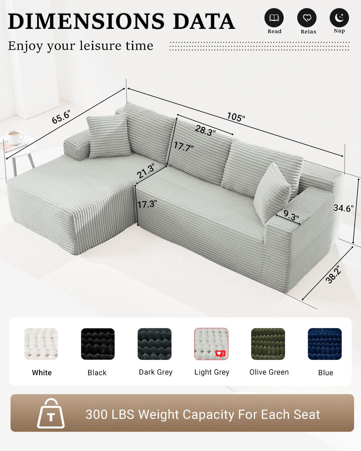 105 Inch Cloud Sectional Couch with Deep Seat