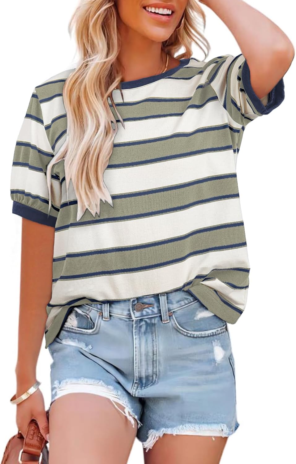 Striped Color Block Short Sleeve T-Shirts Crewneck Casual Loose Basic Tee Blouses