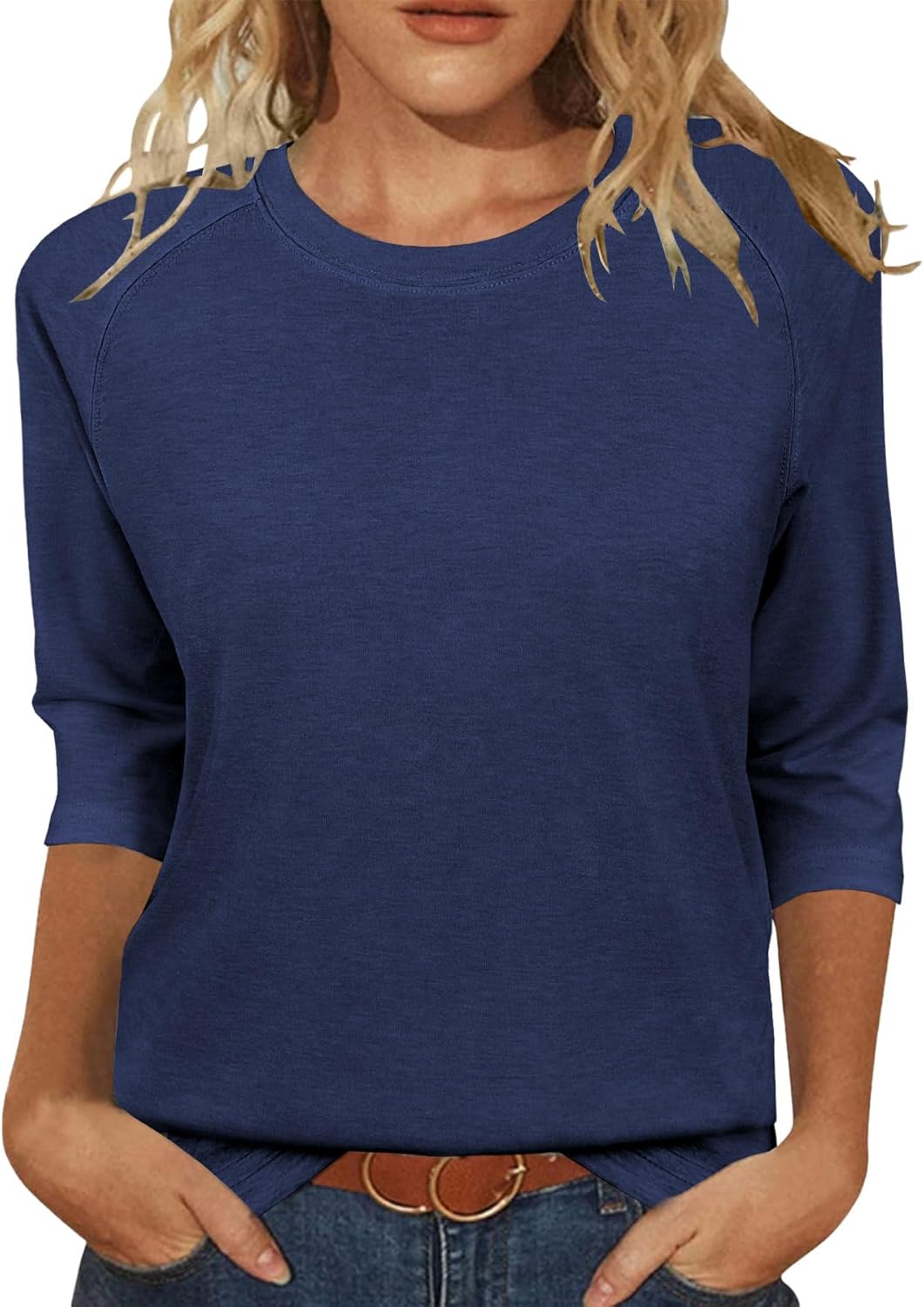 3/4 Sleeve Crew Neck Shirts Loose Fit Tunic Blouses Summer Tees