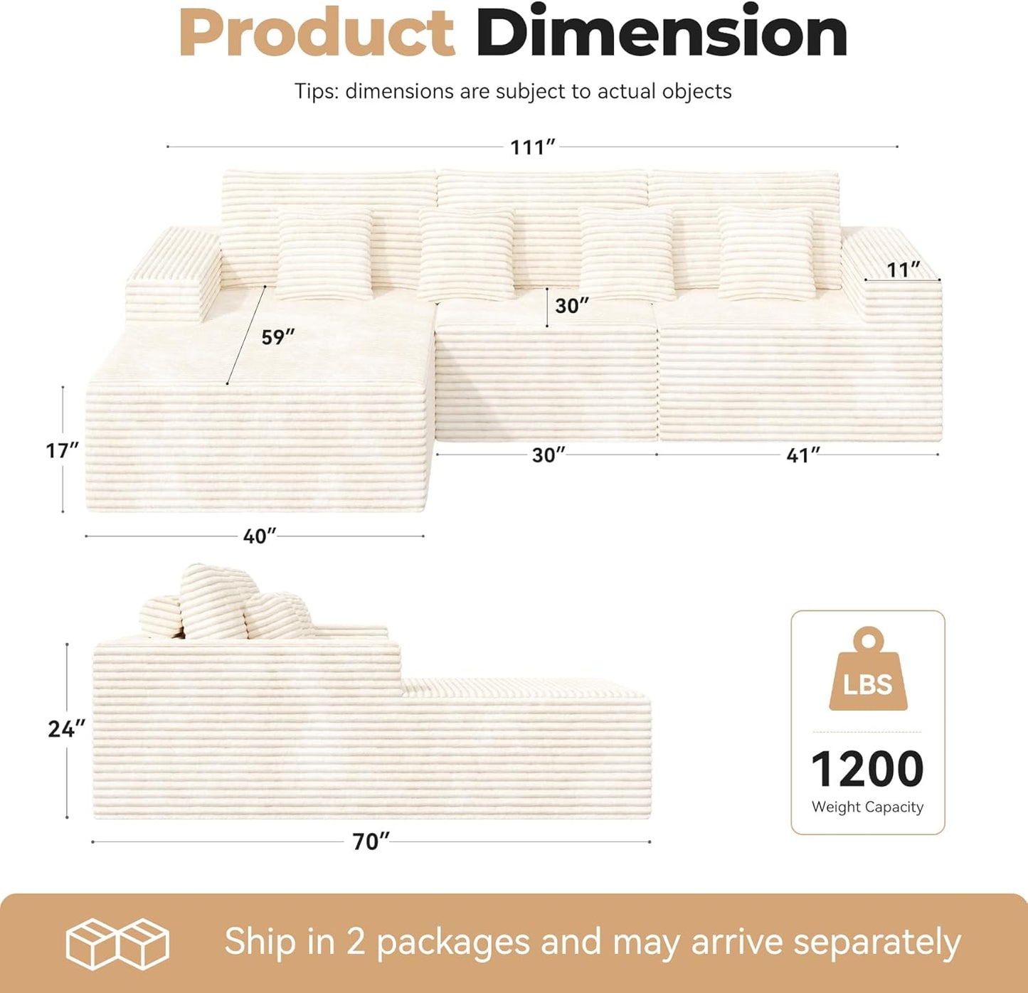 111‘’ Modular Sectional Cloud Couches with L Shaped Chaise