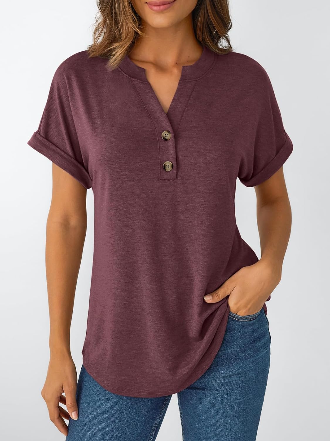 Women's Short Sleeve Shirts Henley Dressy Casual Summer Tops
