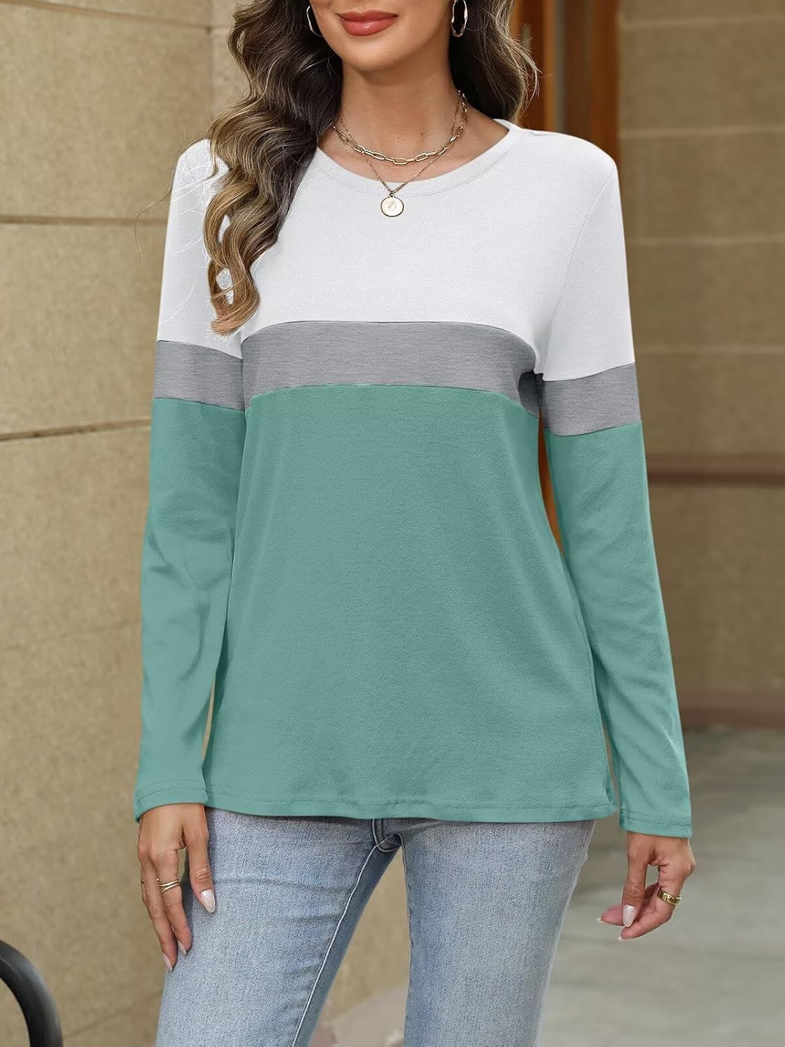 Women Long Sleeve Color Block Tunics Tops Round Neck Shirts Casual Blouses