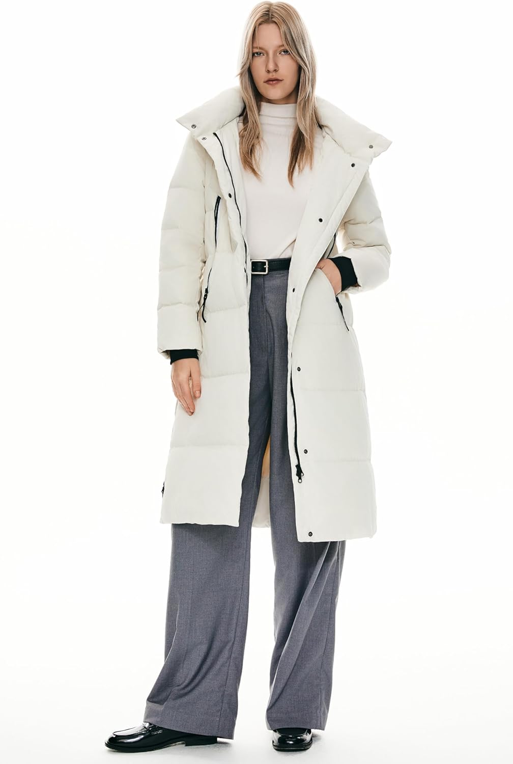 Womens Thickened Long Down Jacket Hooded Winter Puffer Coat with Side Zipper