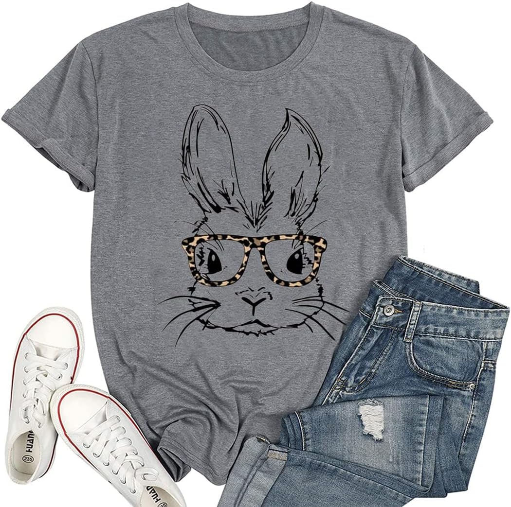 Funny Bunny Print T Shirt for Women Cute Grapic Leopard Shirts Family Blouse Gifts Easter Tops Tee