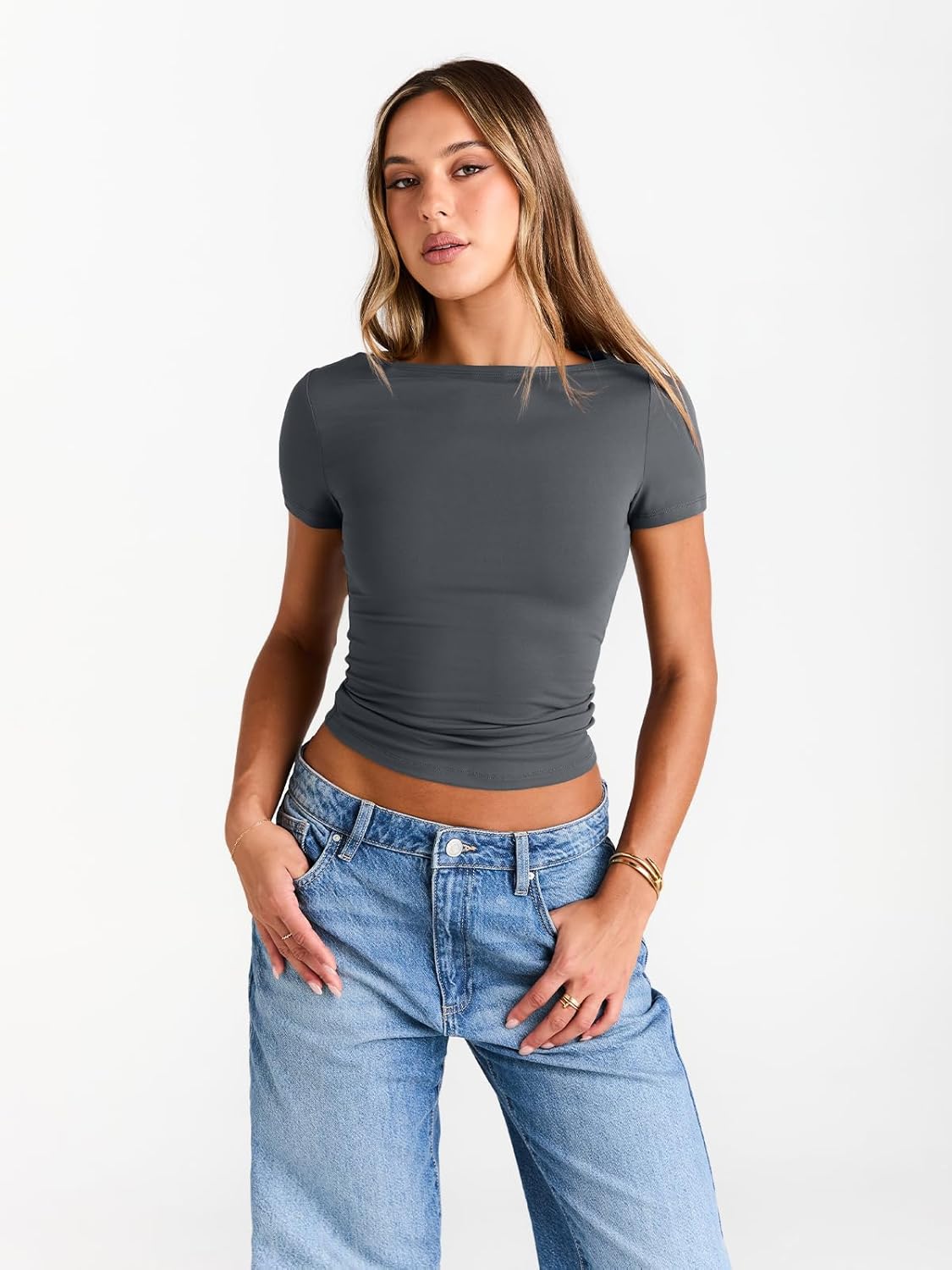 Womens Boat Neck Tops Short Sleeve T-Shirts