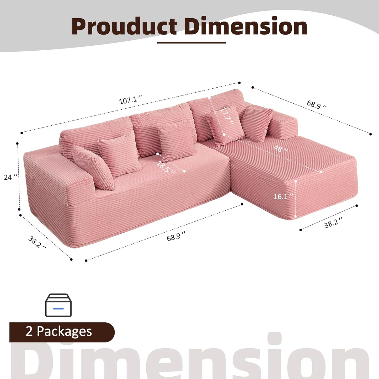 107" Boneless Couch with Deep Seat Cloud Sectional Couch for Living Room