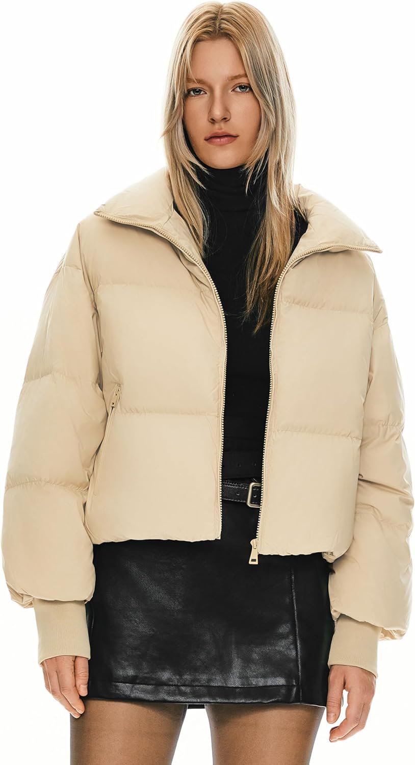 Womens Winter Oversized Cropped Puffer Jacket Zip Up Short Down Coat