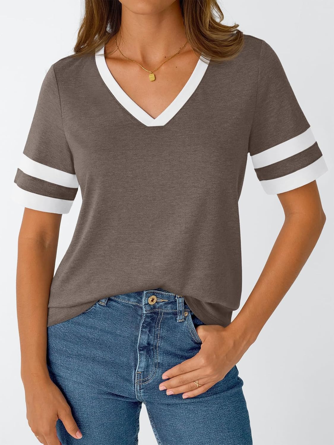 Women's Short Sleeve V Neck T Shirts Trendy Casual Spring Tops