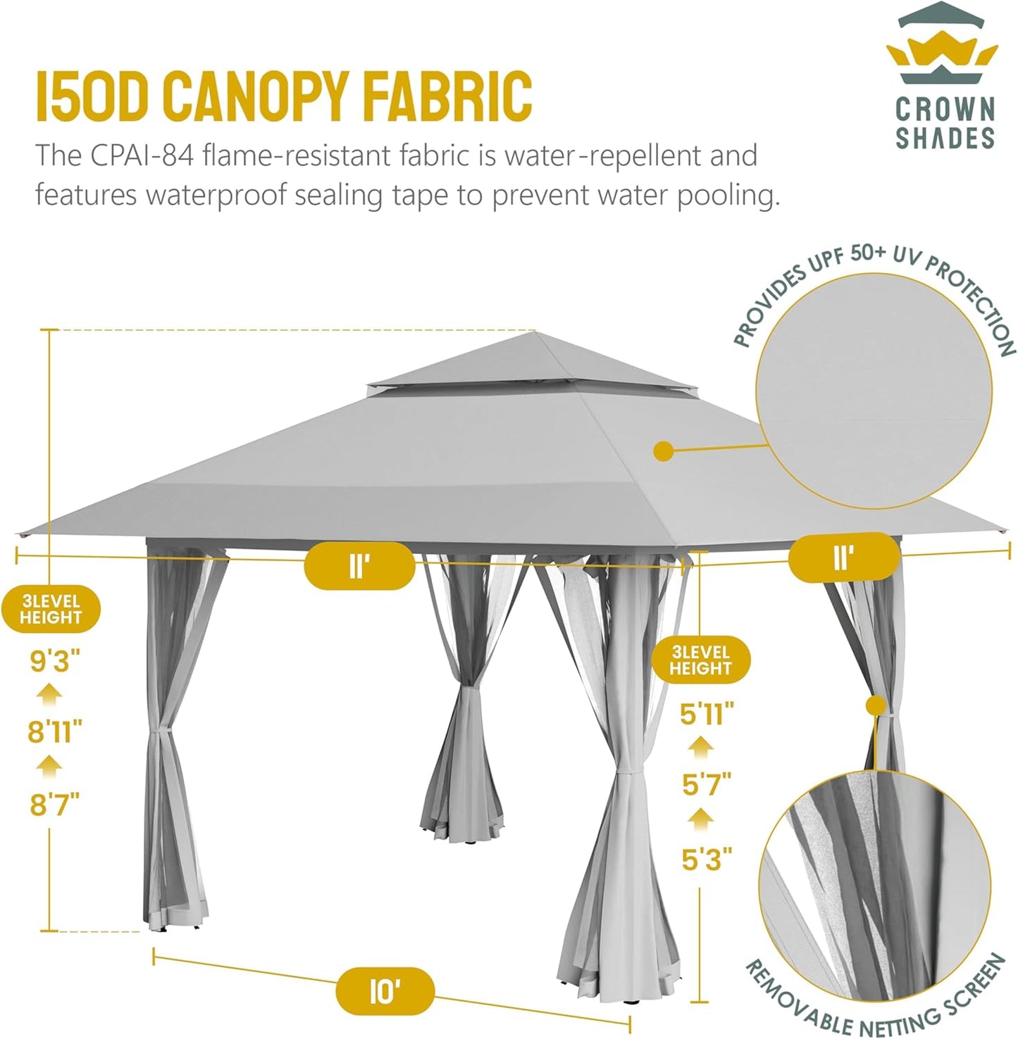 13x13 Pop Up Gazebo Canopy Tent with Wheeled Storage Bag Grey