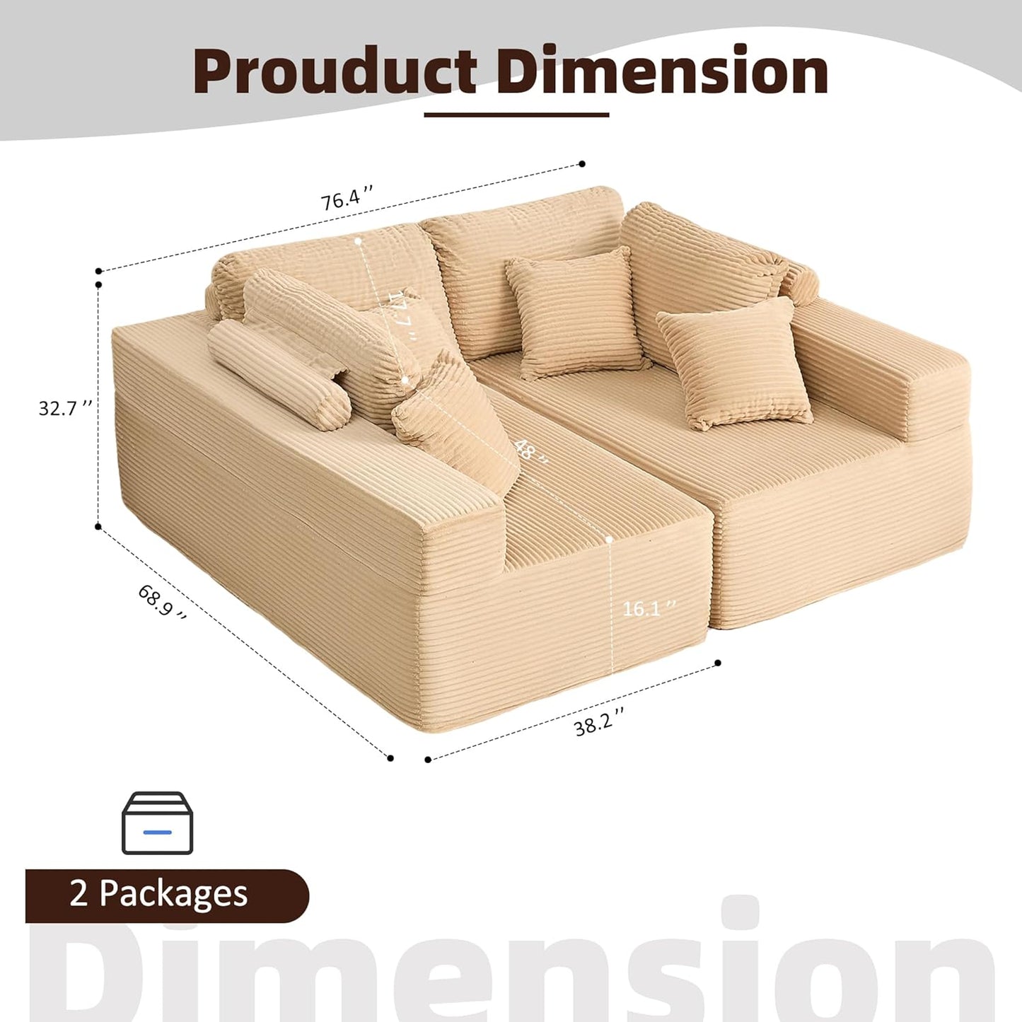 107" Boneless Couch with Deep Seat Cloud Sectional Couch for Living Room