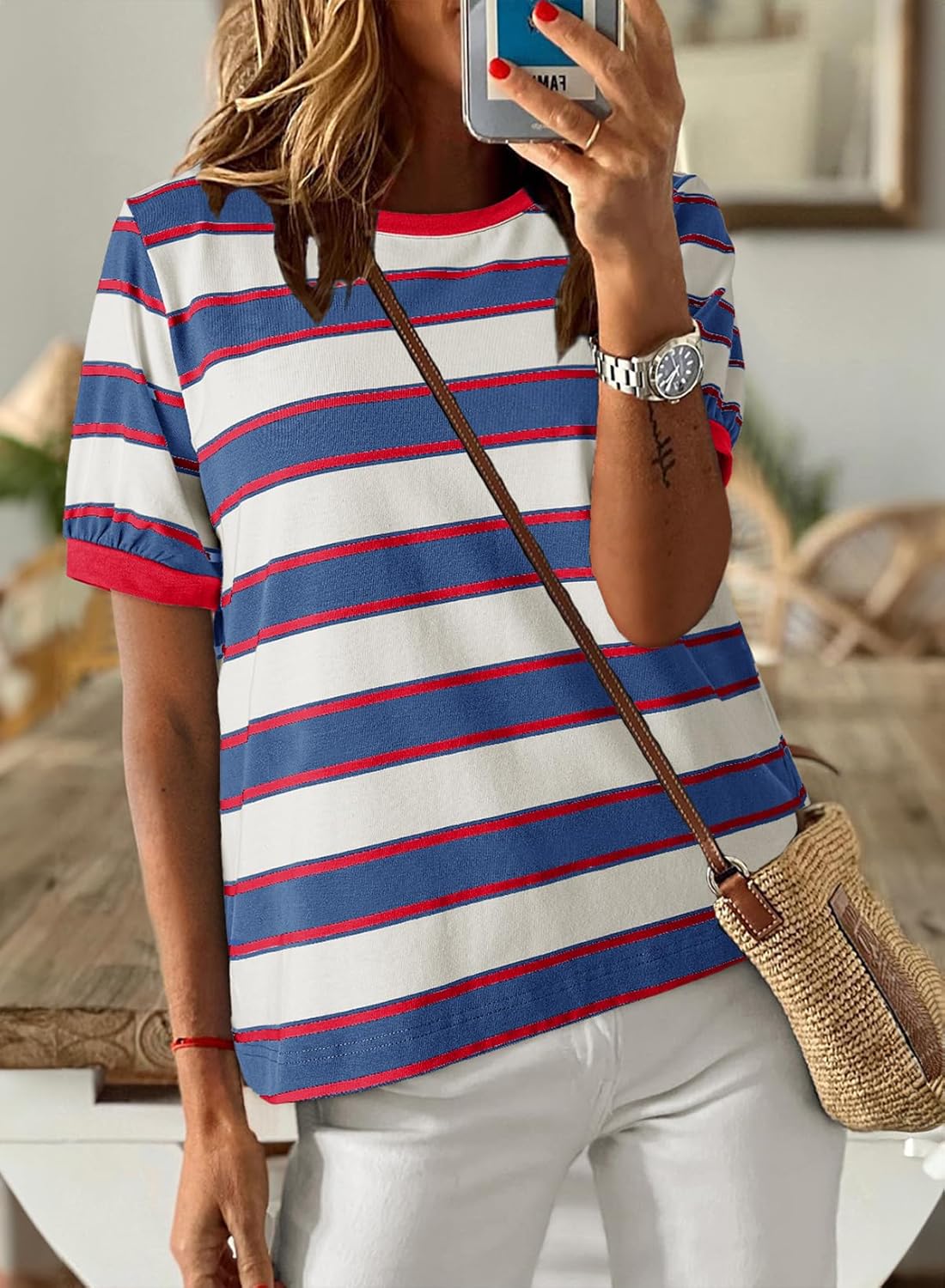 Striped Color Block Short Sleeve T-Shirts Crewneck Casual Loose Basic Tee Blouses
