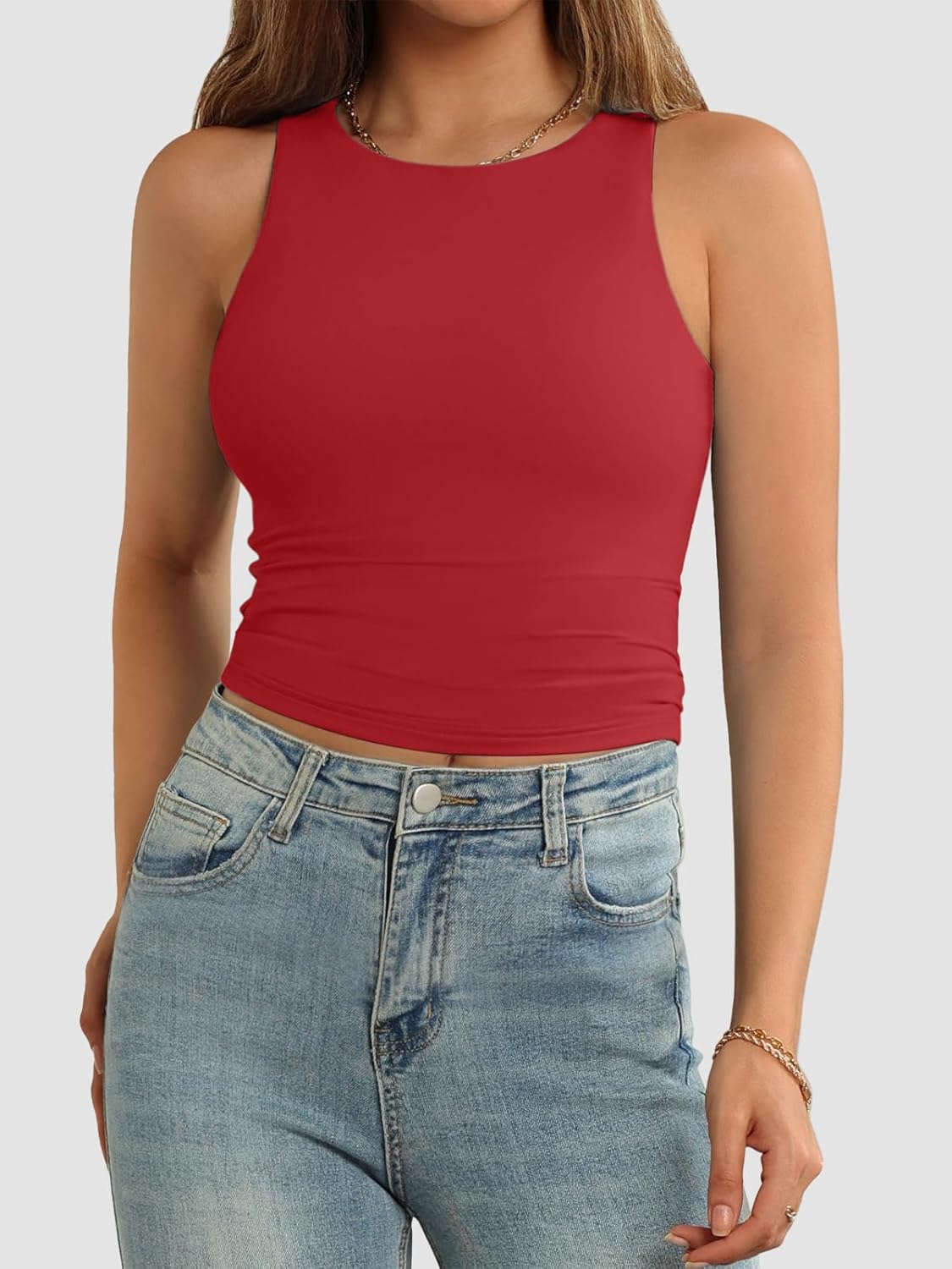 Womens Double Lined Crop Tank Tops Casual Basic Shirts Sleeveless Tops
