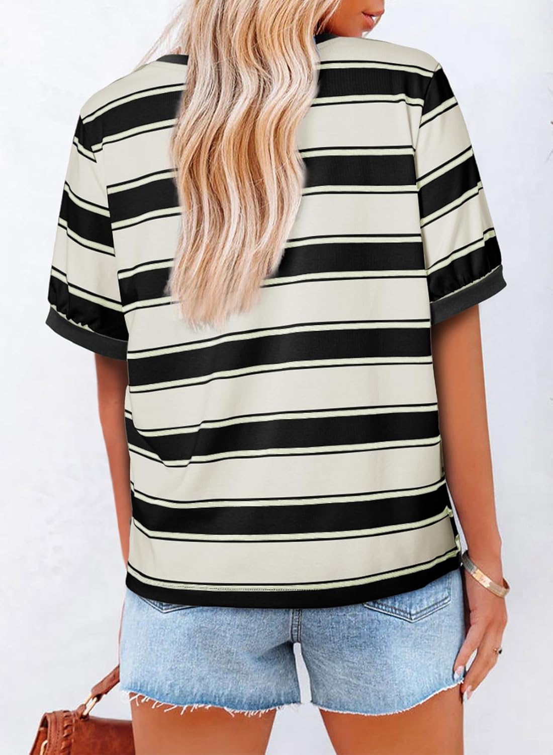 Striped Color Block Short Sleeve T-Shirts Crewneck Casual Loose Basic Tee Blouses