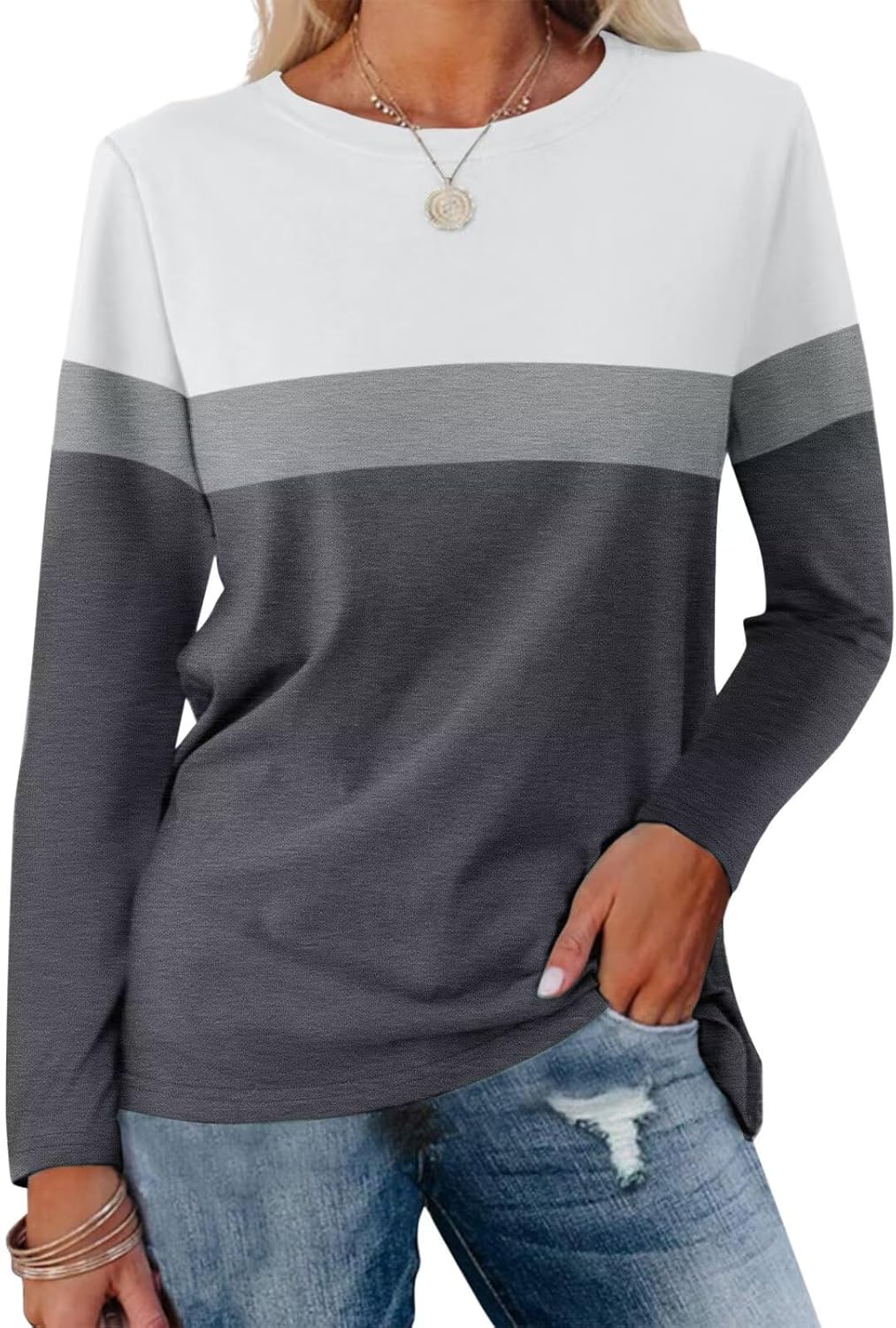 Women Long Sleeve Color Block Tunics Tops Round Neck Shirts Casual Blouses