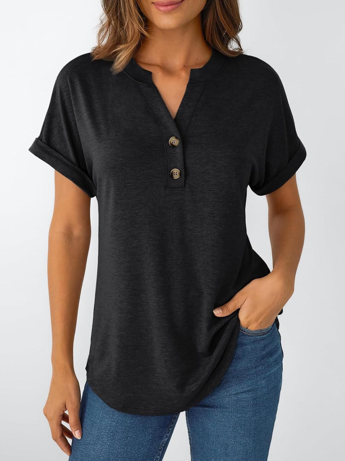 Women's Short Sleeve Shirts Henley Dressy Casual Summer Tops