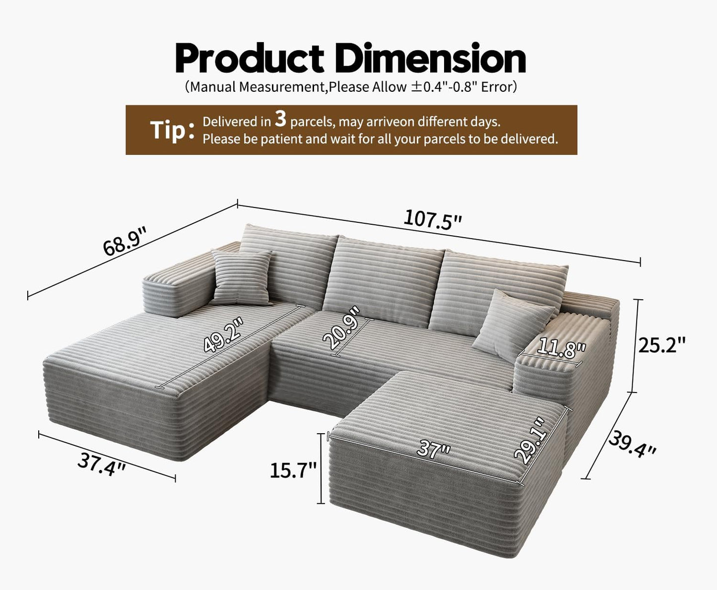 107.5" Cloud Modular Sectional Sofa with 1 Ottoman