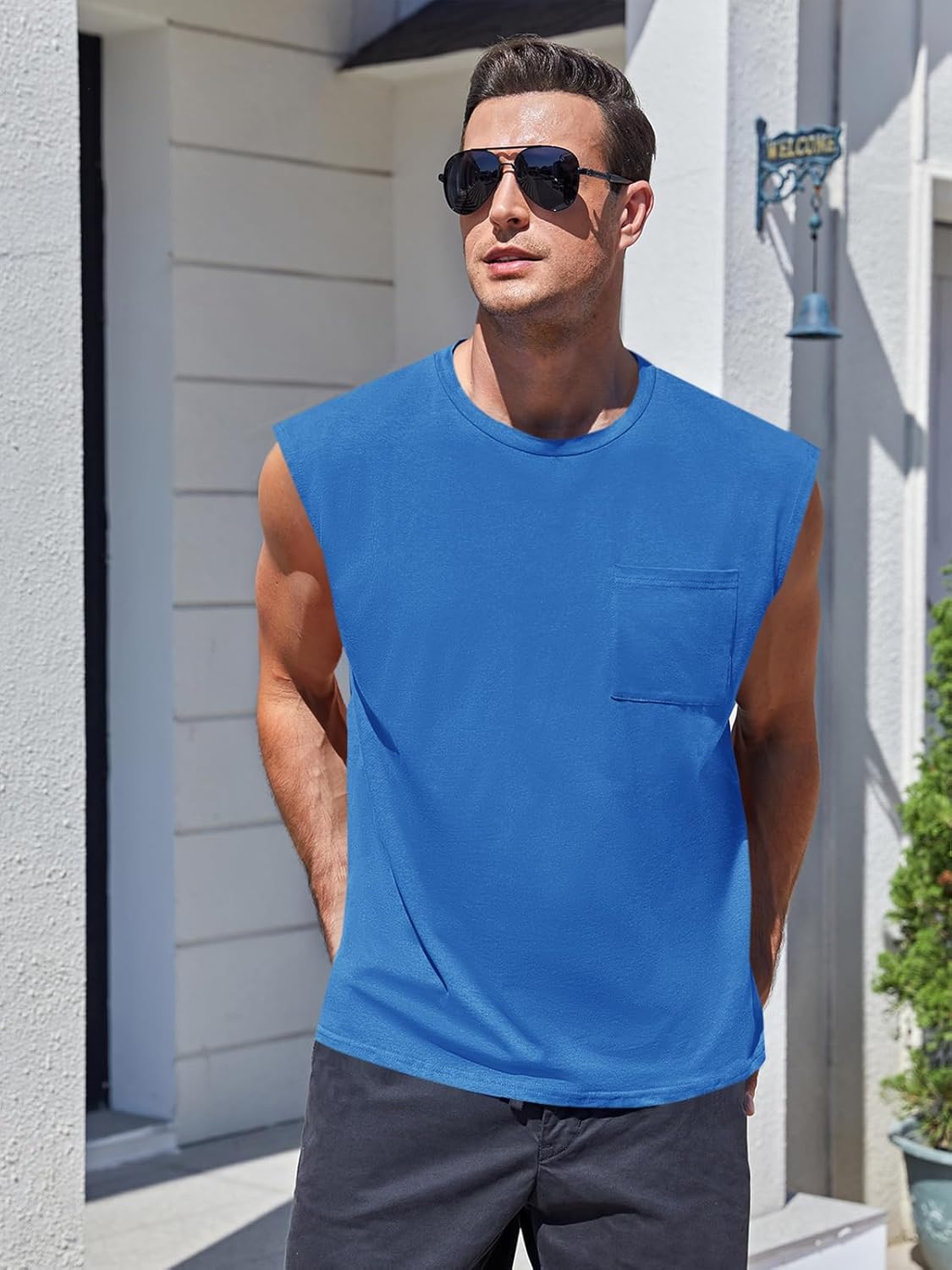 Mens Sleeveless Tank Tops Workout Cut Off Shirts Muscle Gym T Shirts with Pocket