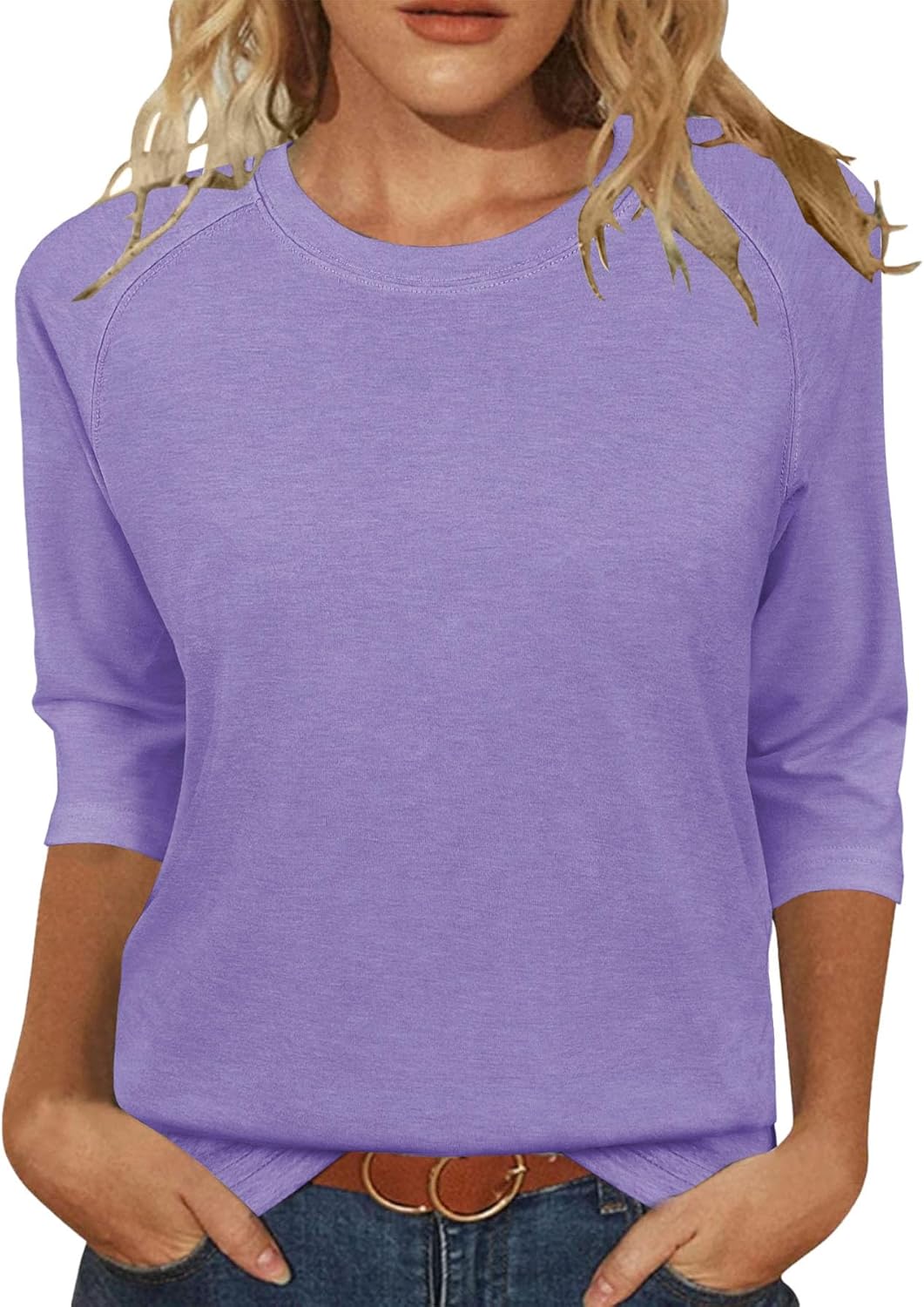 3/4 Sleeve Crew Neck Shirts Loose Fit Tunic Blouses Summer Tees