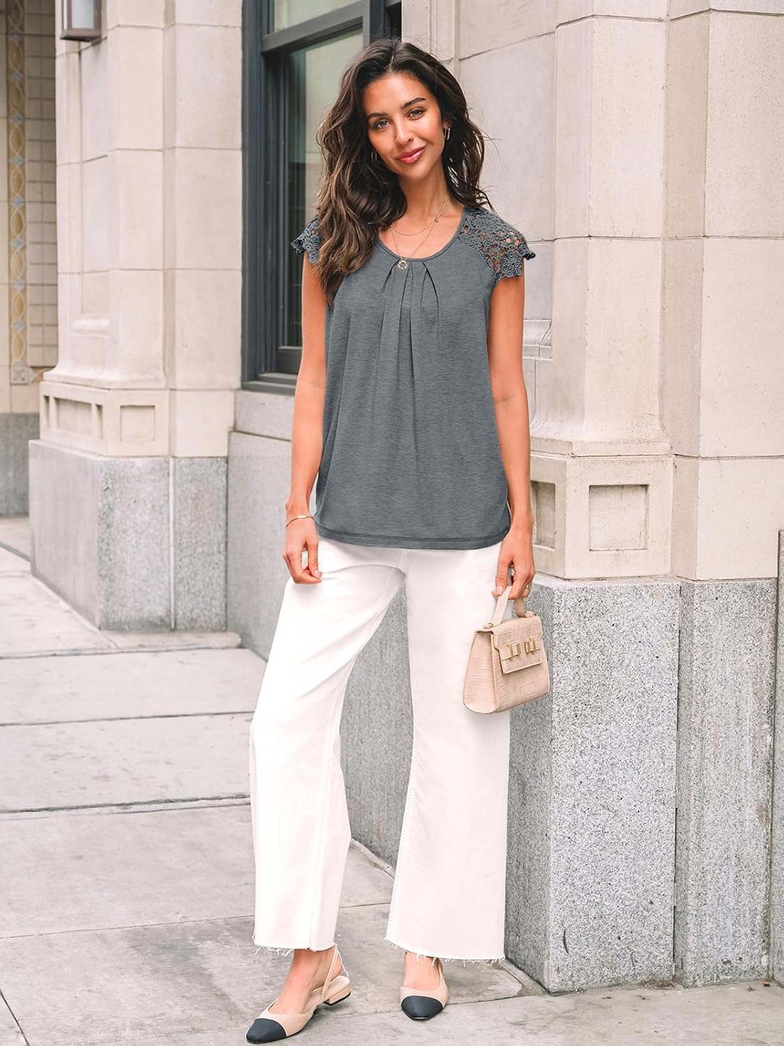 Womens Lace Tops Pleated Short Sleeve Shirts Summer