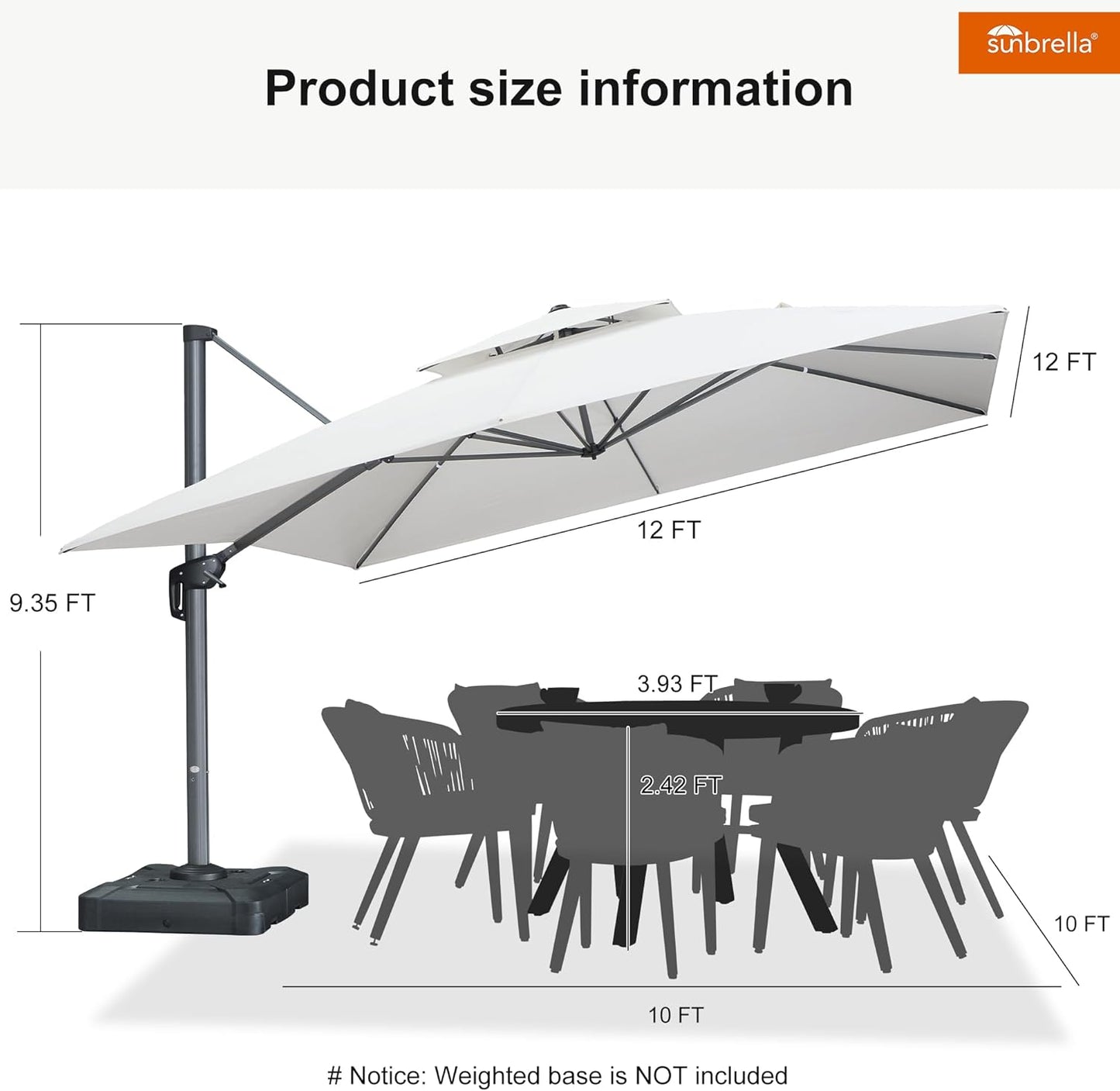 12ft Patio Umbrella with Base Large Outdoor Square Umbrella