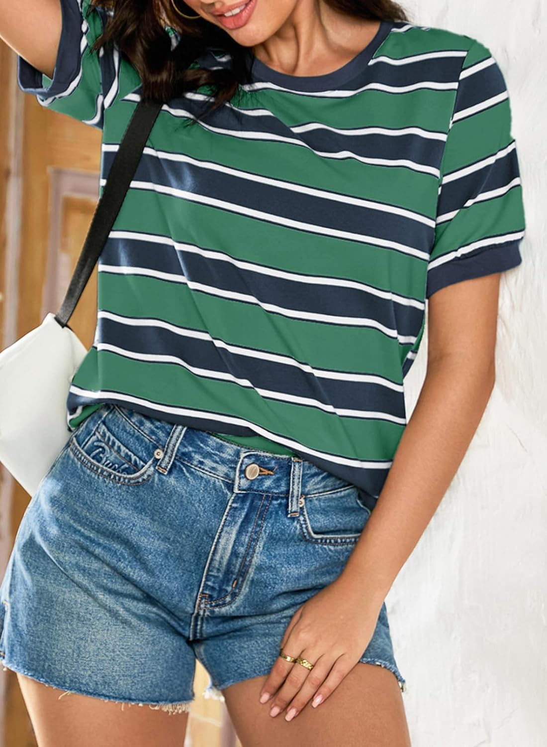 Striped Color Block Short Sleeve T-Shirts Crewneck Casual Loose Basic Tee Blouses