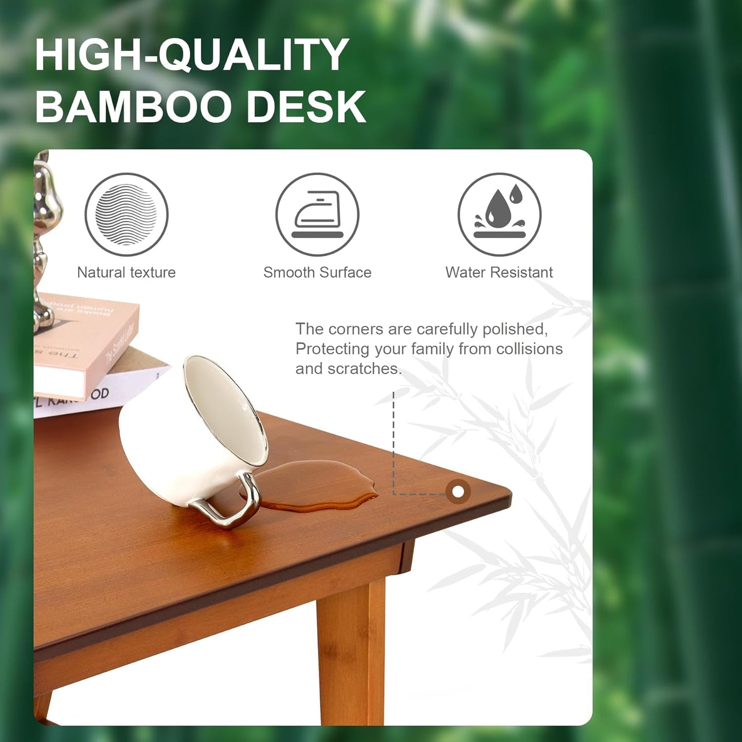 Writing Computer Desk 46" Bamboo Home Office Table with 2 Drawers