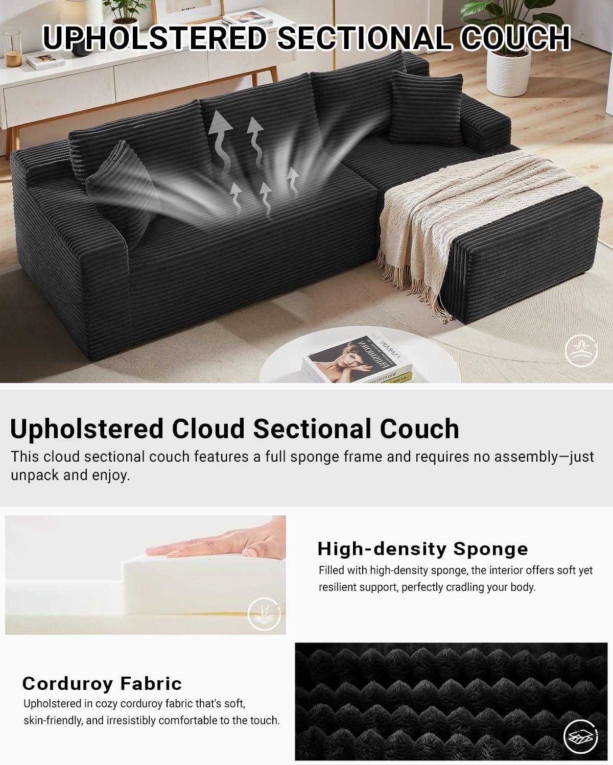 105 Inch Cloud Sectional Couch with Deep Seat