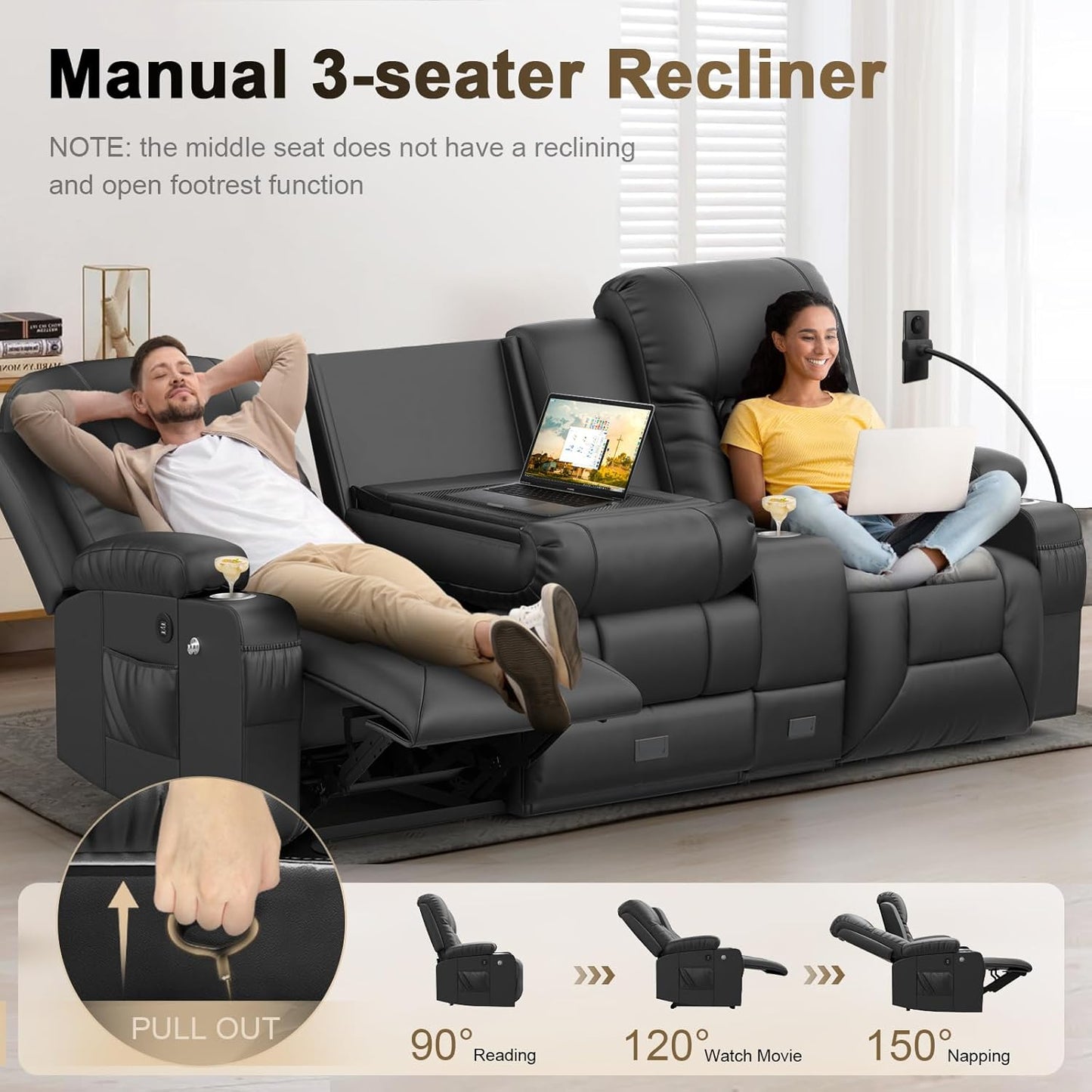 YONISEE 3 Seat Recliner Sofa, Large Reclining Sofa with Storage Console, Manual Reclining Chair with USB Ports, 2 Cell Phone Holder, 3 Seater Loveseat Recliner Couch for Living Room