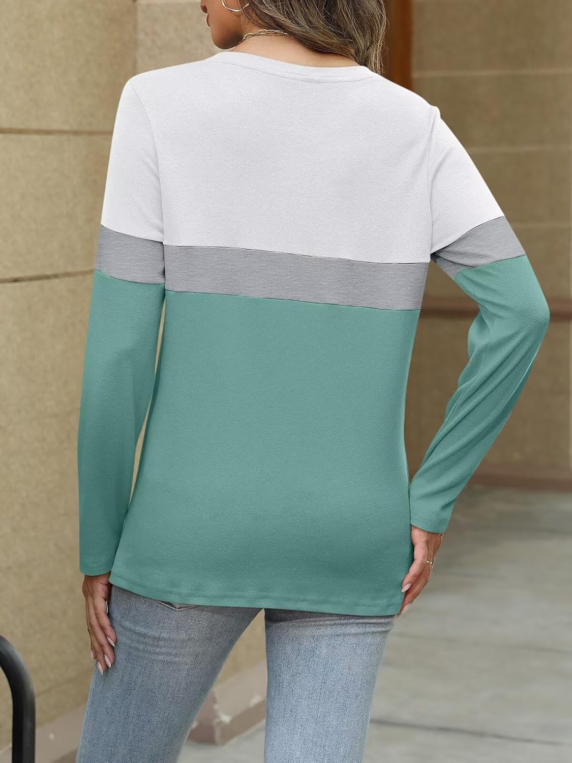Women Long Sleeve Color Block Tunics Tops Round Neck Shirts Casual Blouses
