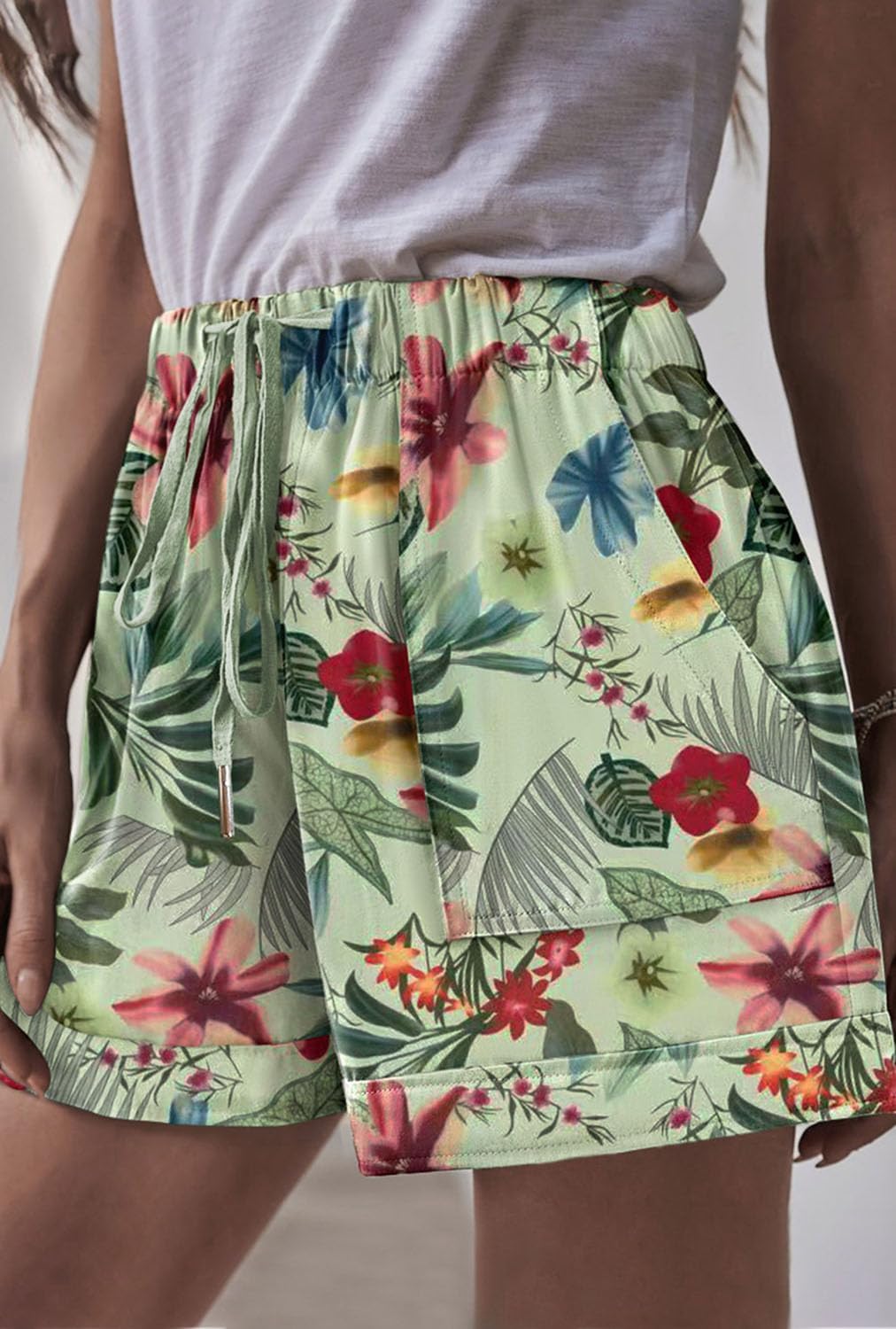 Womens Shorts Summer Comfy Cotton Elastic Waist Drawstring Casual Shorts with Pockets