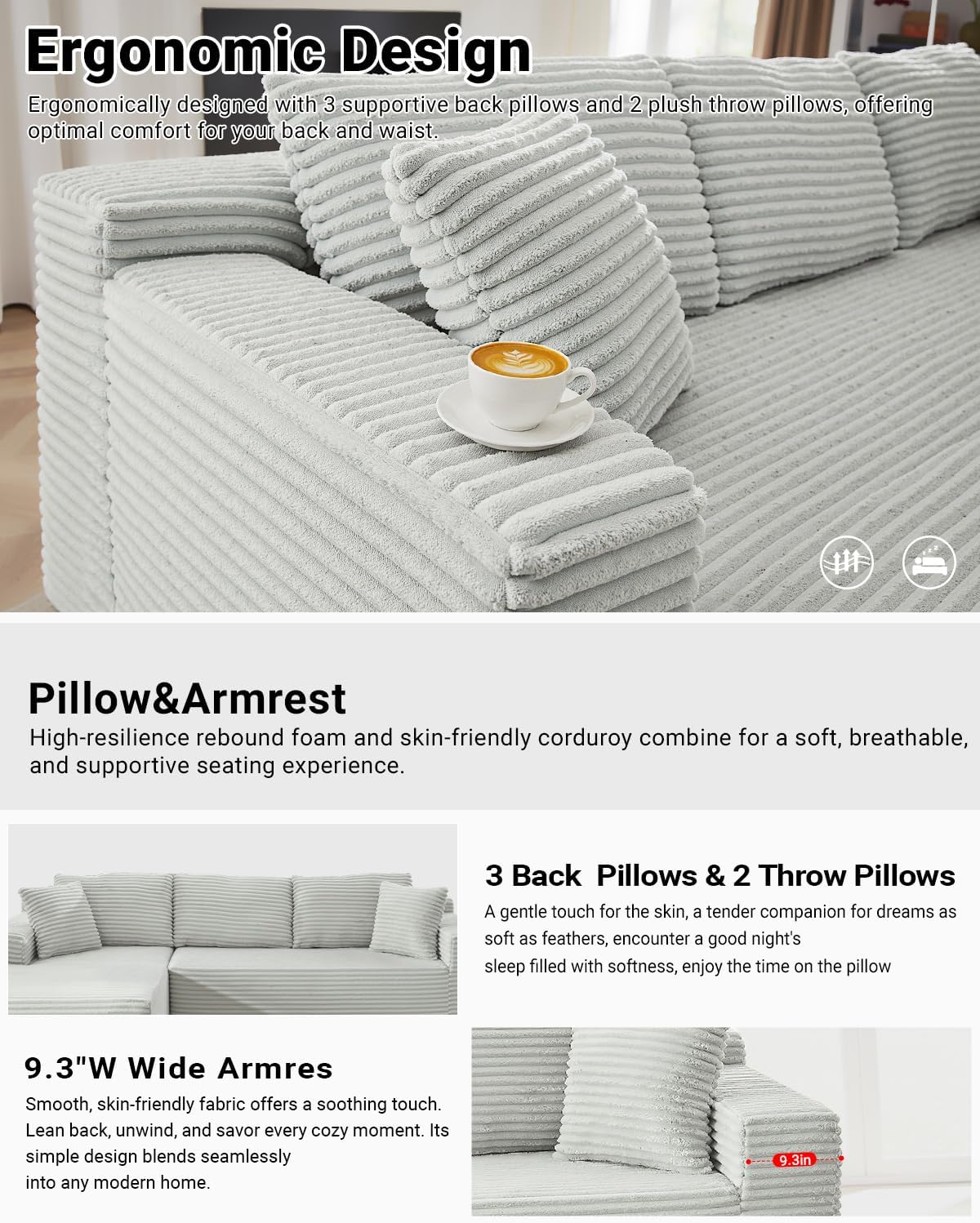 105 Inch Cloud Sectional Couch with Deep Seat