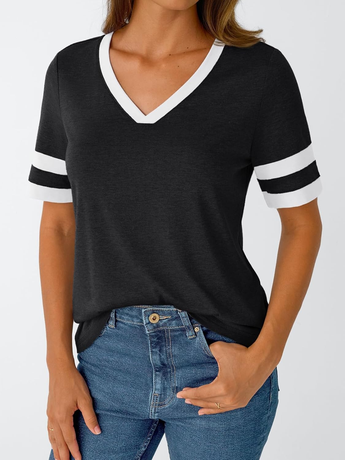 Women's Short Sleeve V Neck T Shirts Trendy Casual Spring Tops