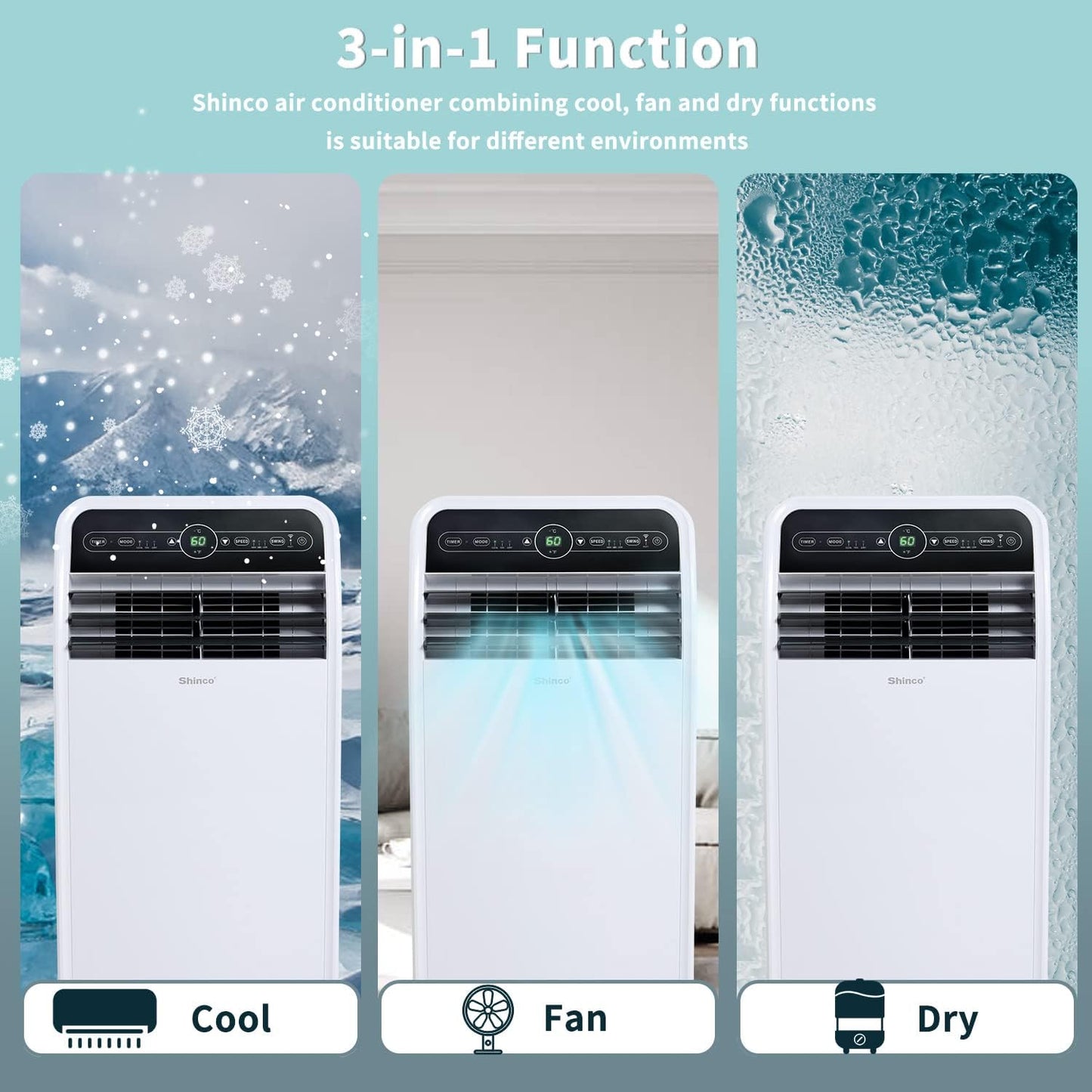 10,000 BTU Portable AC Wi-Fi Dehumidifier Fan Timer for 300 Sq.Ft with Window Kit