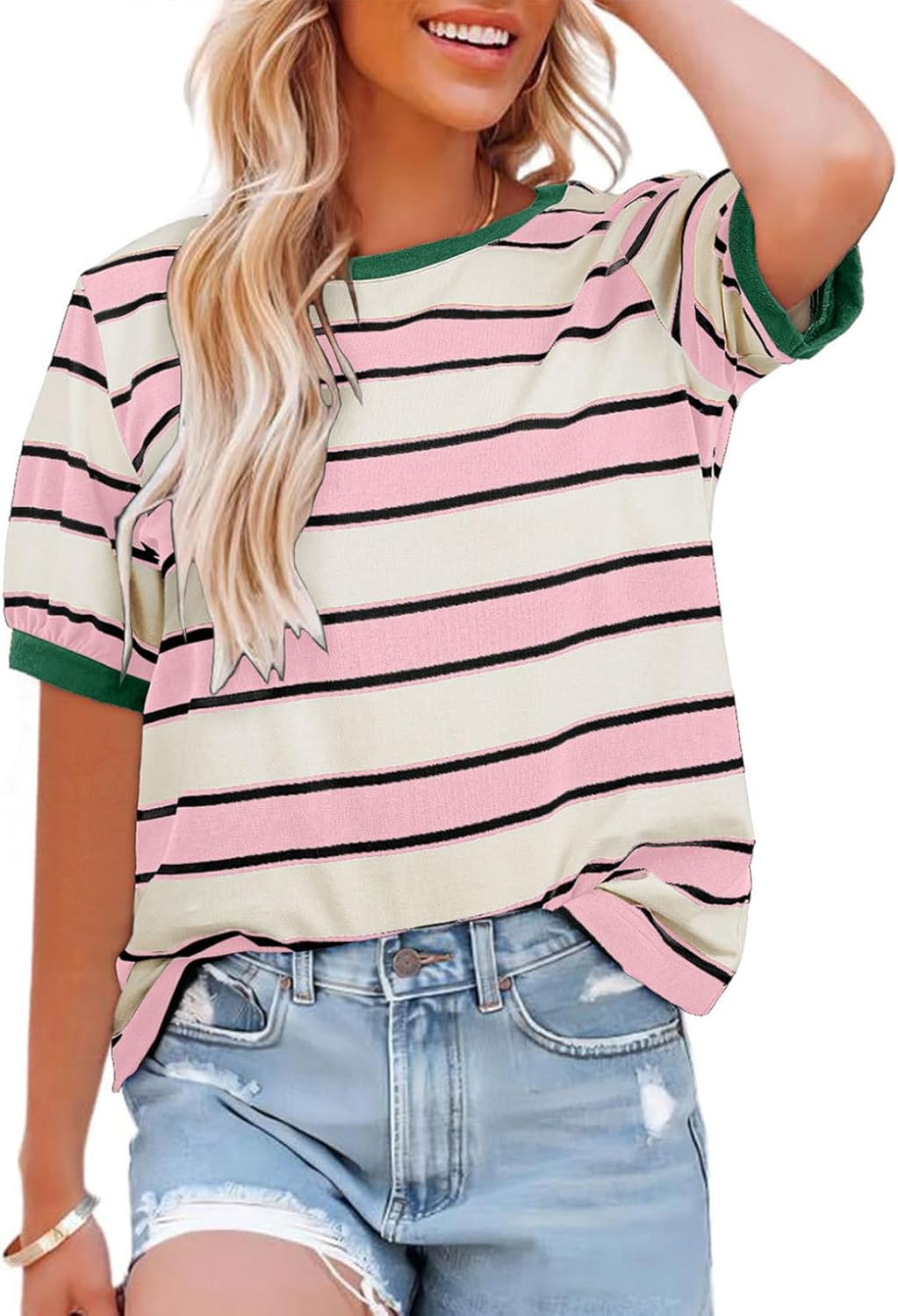 Striped Color Block Short Sleeve T-Shirts Crewneck Casual Loose Basic Tee Blouses