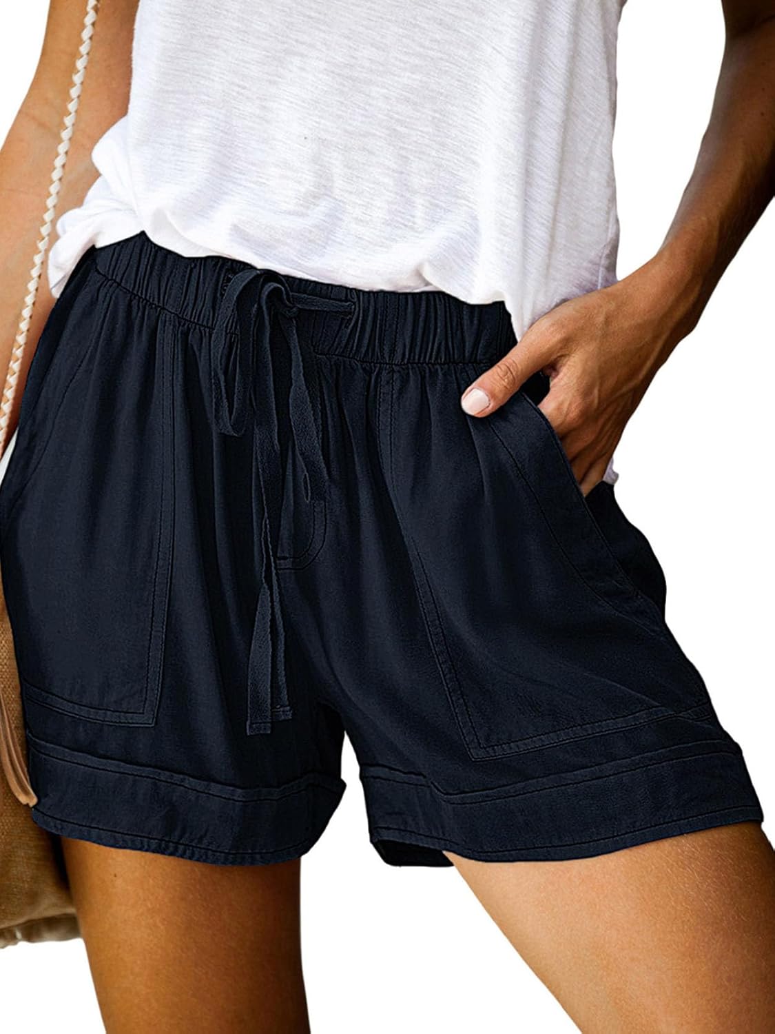 Womens Shorts Summer Comfy Cotton Elastic Waist Drawstring Casual Shorts with Pockets