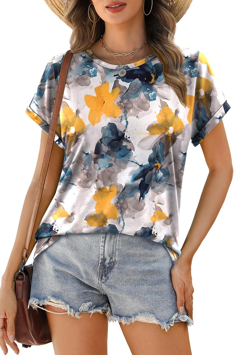Womens T Shirts Crew Neck Rolled Short Sleeve Basic Summer Tees Curved Hem