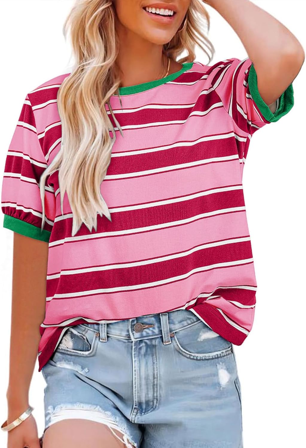 Striped Color Block Short Sleeve T-Shirts Crewneck Casual Loose Basic Tee Blouses